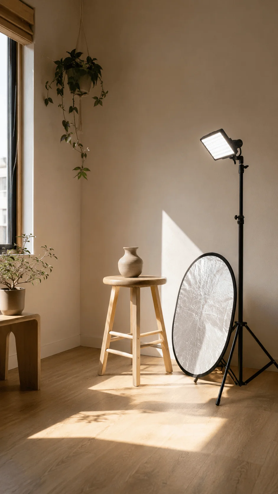Minimal photography gear setup with soft LED light reflector wooden stool ceramic vase plants and natural sunlight in a simple studio space