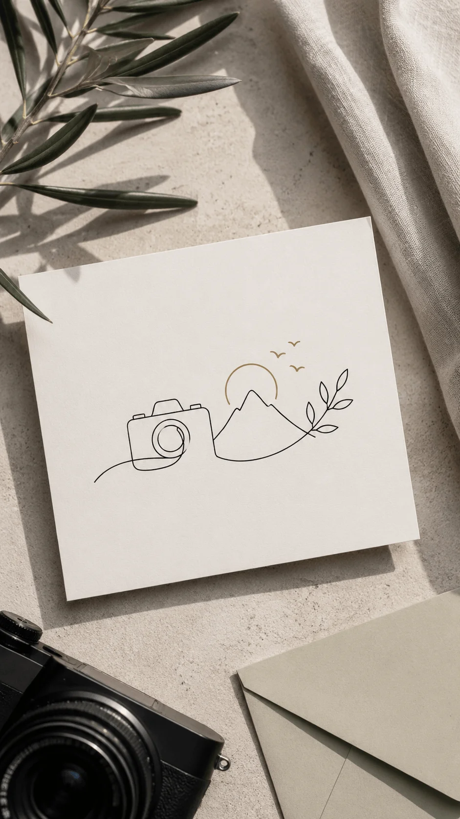 Minimal line art photography logo featuring a camera, mountain landscape, sun, birds, and leaf design on a clean paper background with natural shadows