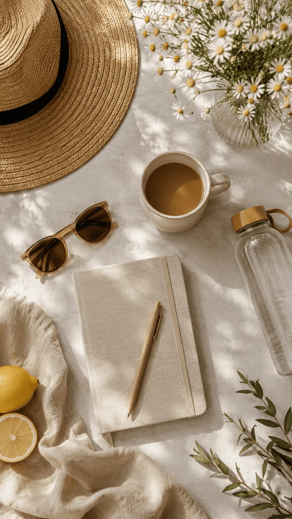 Minimal summer flat lay with a straw hat, sunglasses, notebook, reusable glass water bottle, coffee cup, fresh lemons, daisies, and natural greenery.