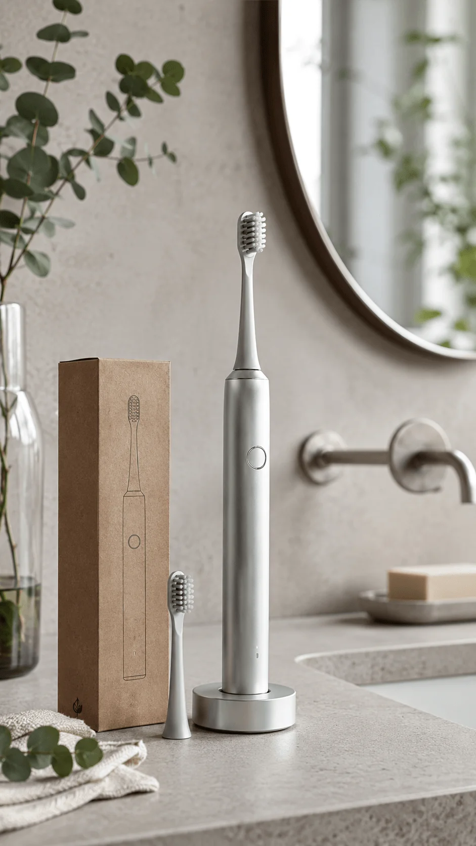 Minimalist aluminum electric toothbrush with charging base replacement brush head and recyclable cardboard packaging in a modern bathroom