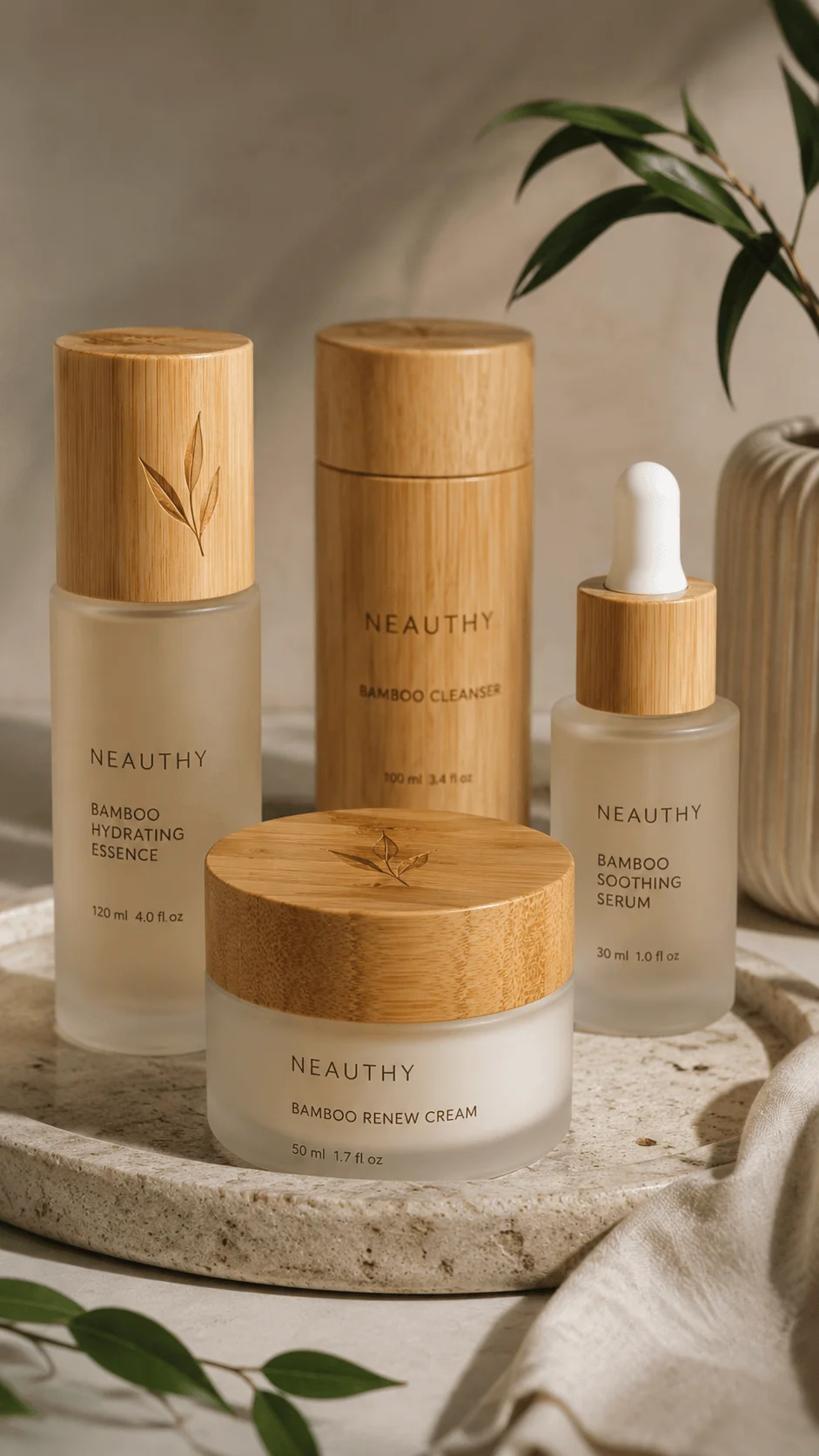 Minimalist bamboo cosmetic packaging with luxury skincare bottles serum dropper and cream jar displayed in a natural setting