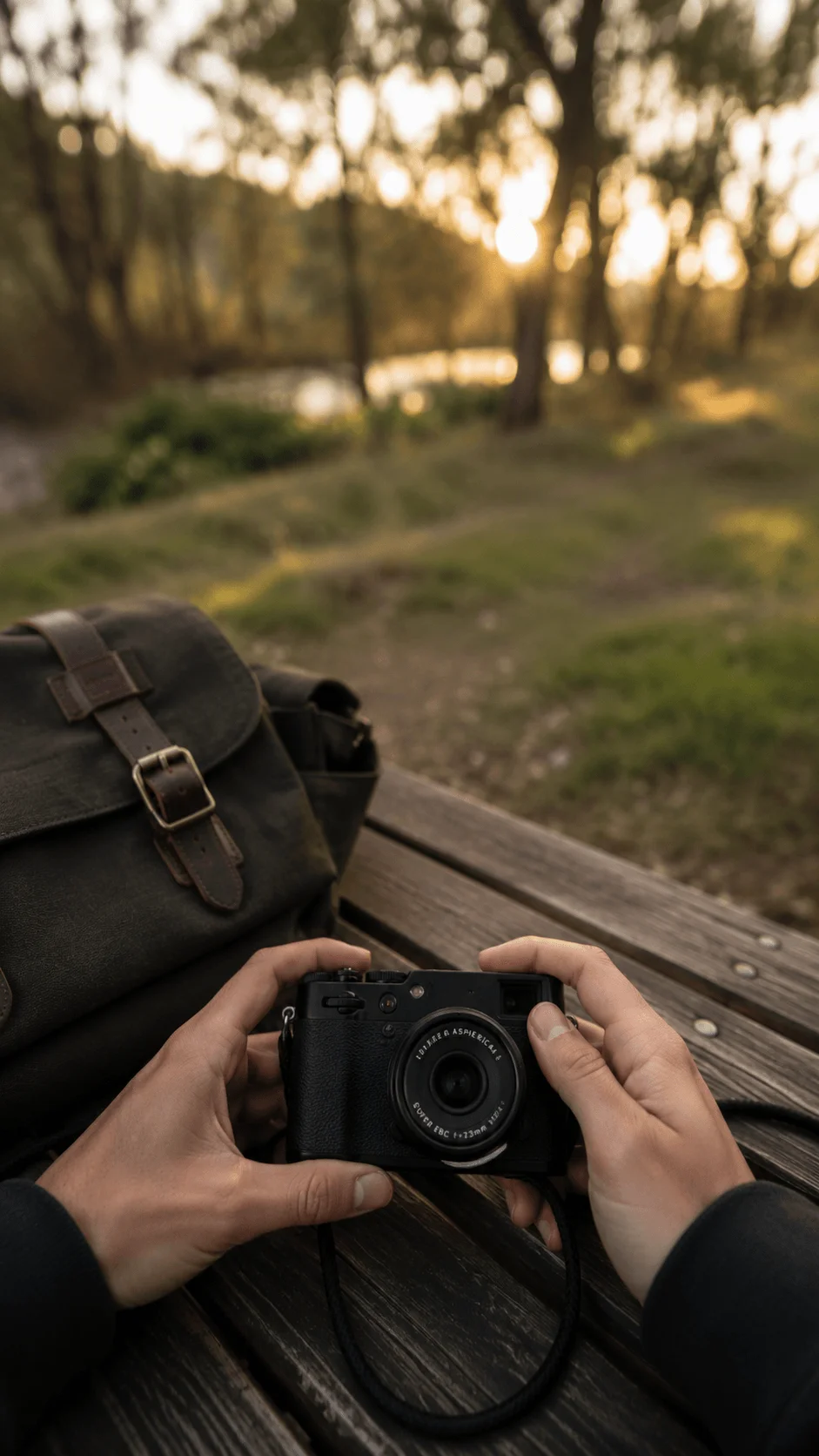 Person holding a minimalist camera while sitting on a wooden bench in a forest at sunset with a camera bag nearby