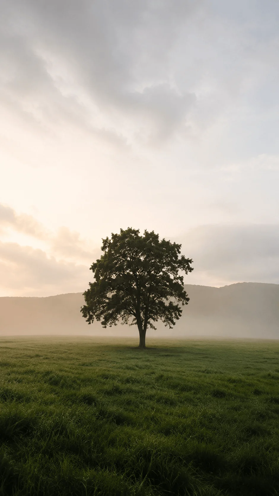 Lone tree standing in a misty green field beneath a softly glowing cloudy sky