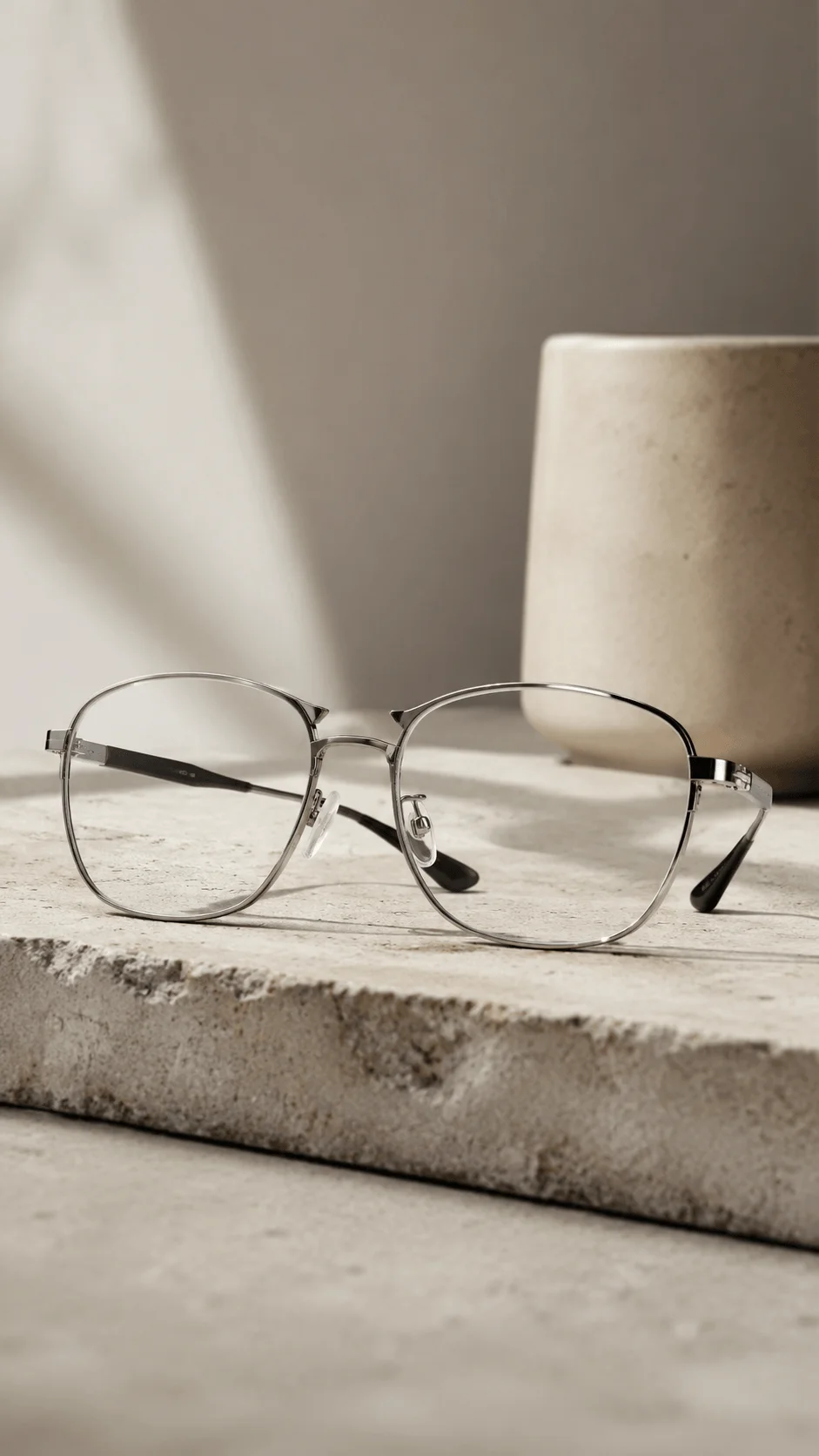 Minimalist recycled metal glasses on a textured stone surface with soft natural light and a neutral ceramic vase