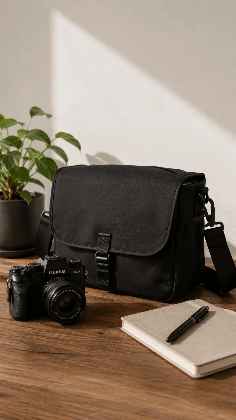 Minimalist sustainable black camera bag with a mirrorless camera, notebook, pen and houseplant on a wooden table