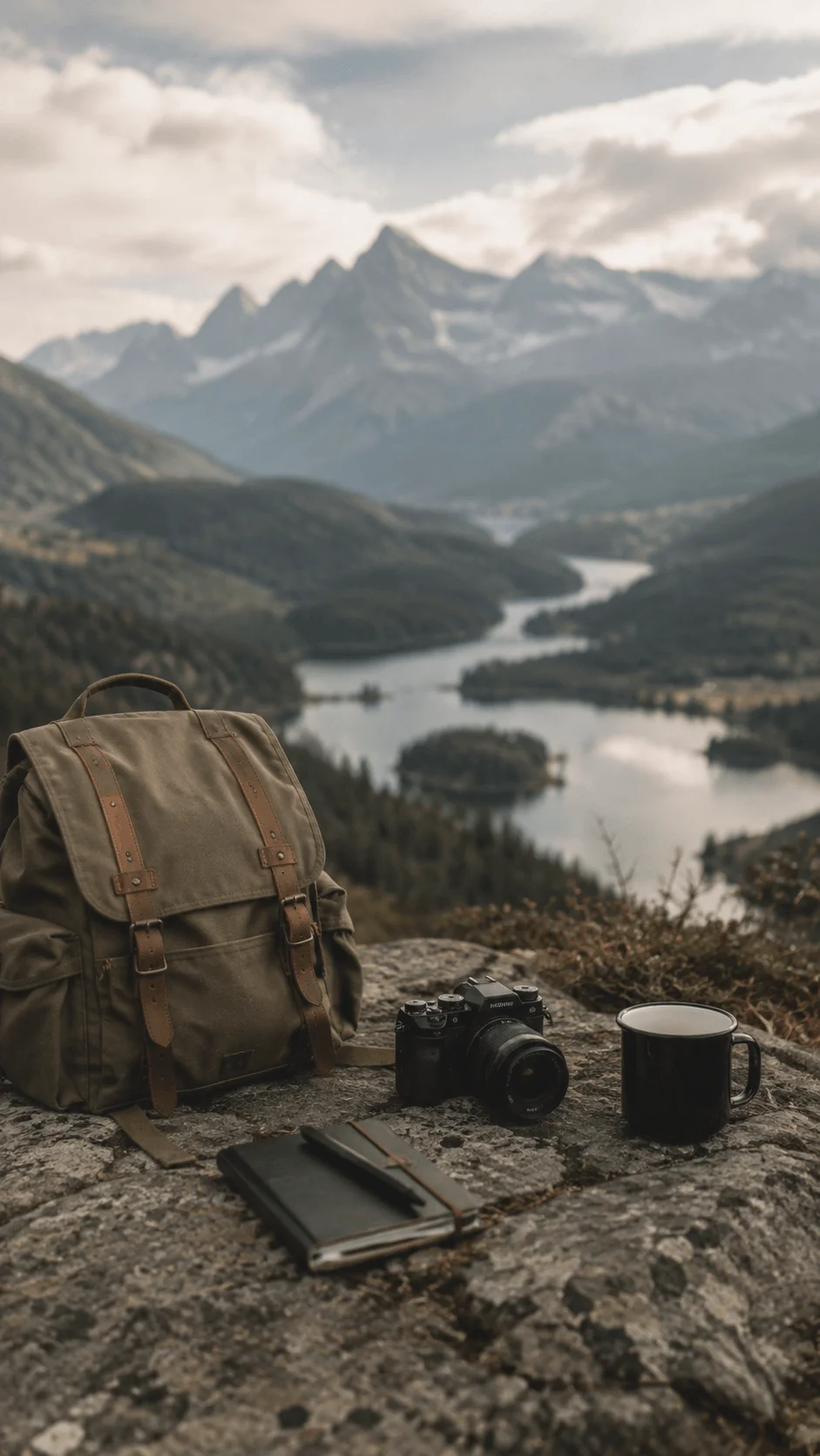 Minimalist travel photography with a camera backpack notebook and cup overlooking a peaceful mountain lake landscape