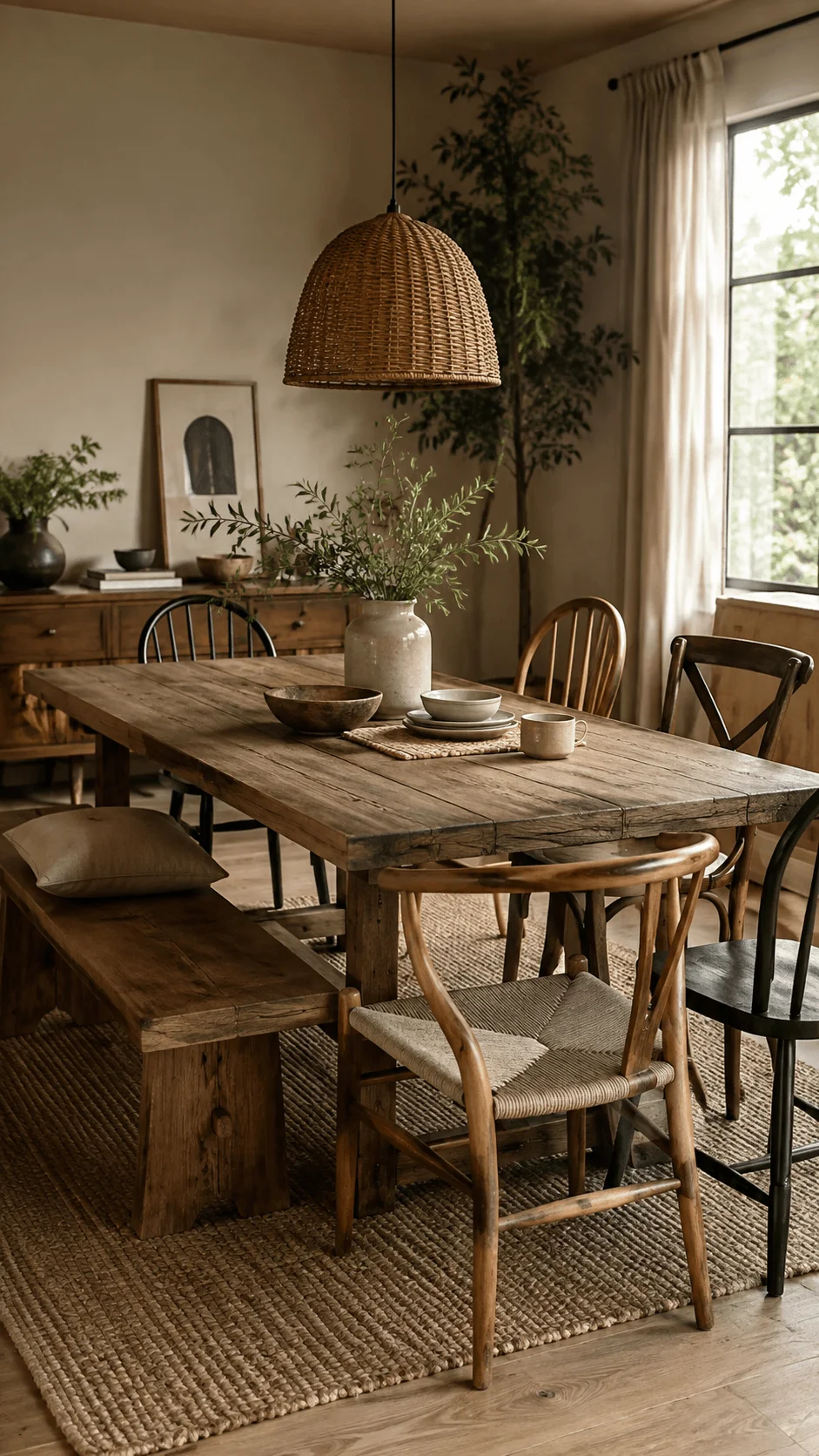 Personalized sustainable dining room with mix and match wooden chairs reclaimed wood table woven pendant light natural fiber rug and indoor greenery