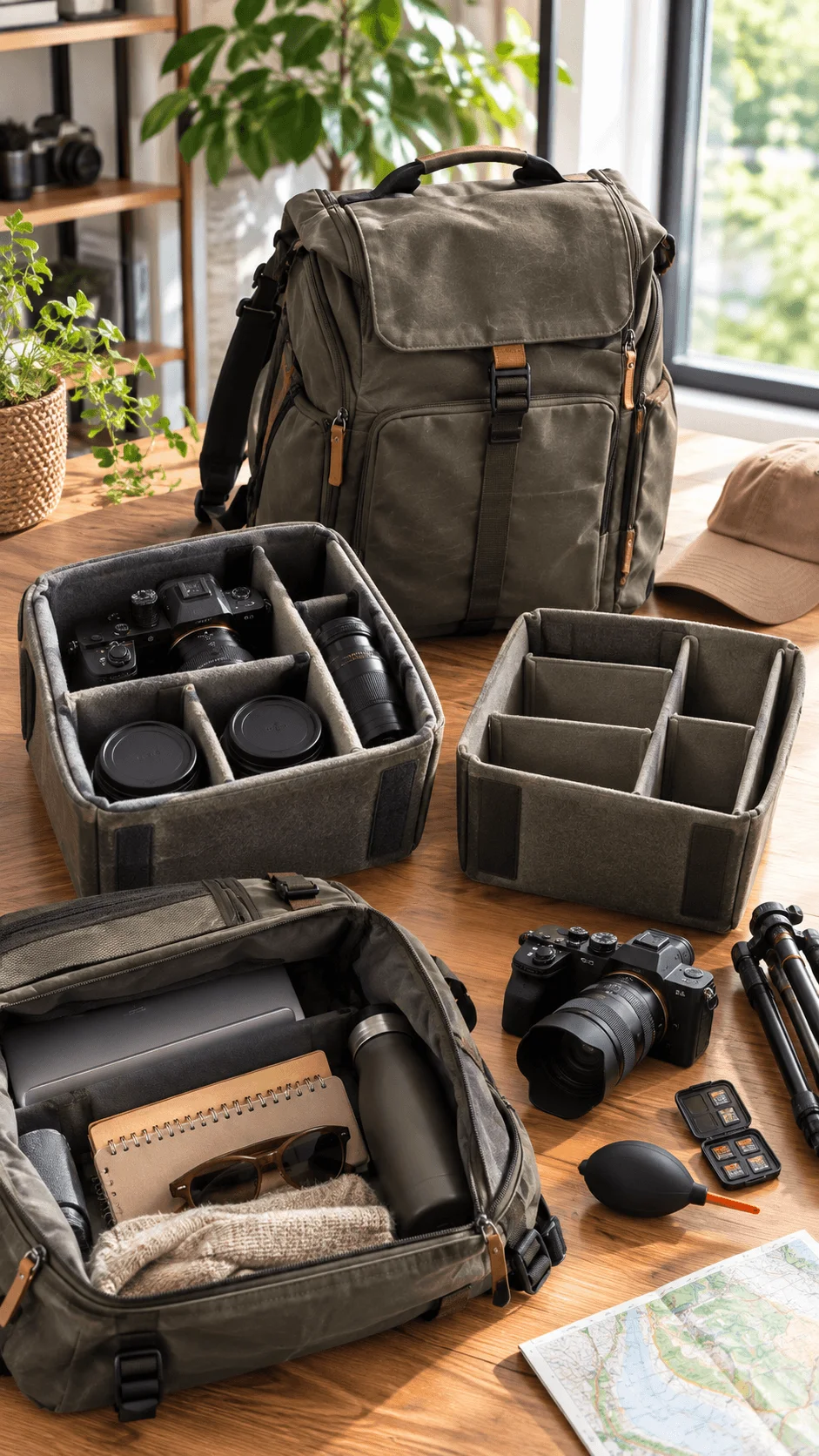 Modular camera bags with adjustable compartments, cameras, lenses, tripod, laptop and photography accessories on a wooden table