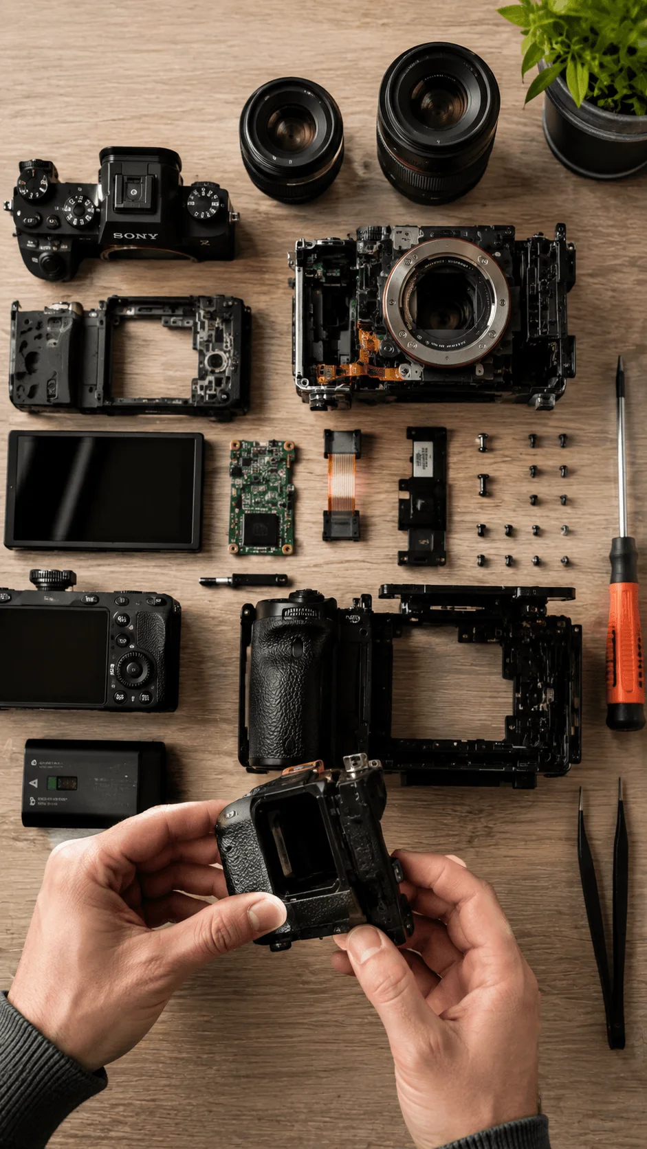 Modular photography equipment with disassembled cameras lenses components and repair tools on a wooden workspace