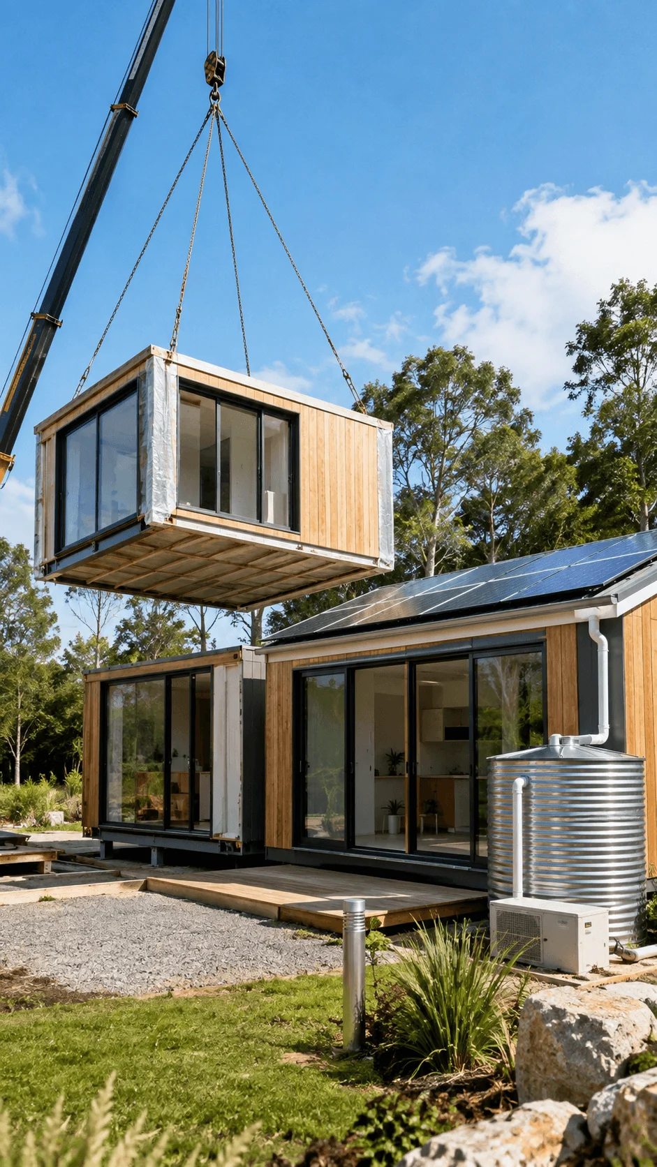 Modular and prefabricated eco house construction with crane installed sections solar panels rainwater storage and sustainable building features