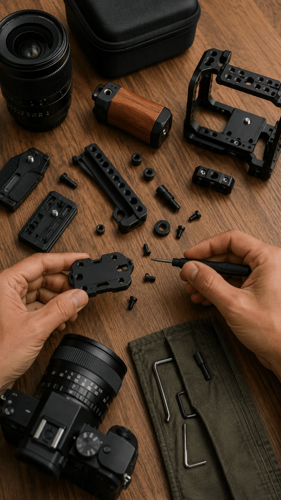 Modular camera accessories, camera lens, tools, and repair parts arranged on a wooden table while hands assemble a camera mounting component.