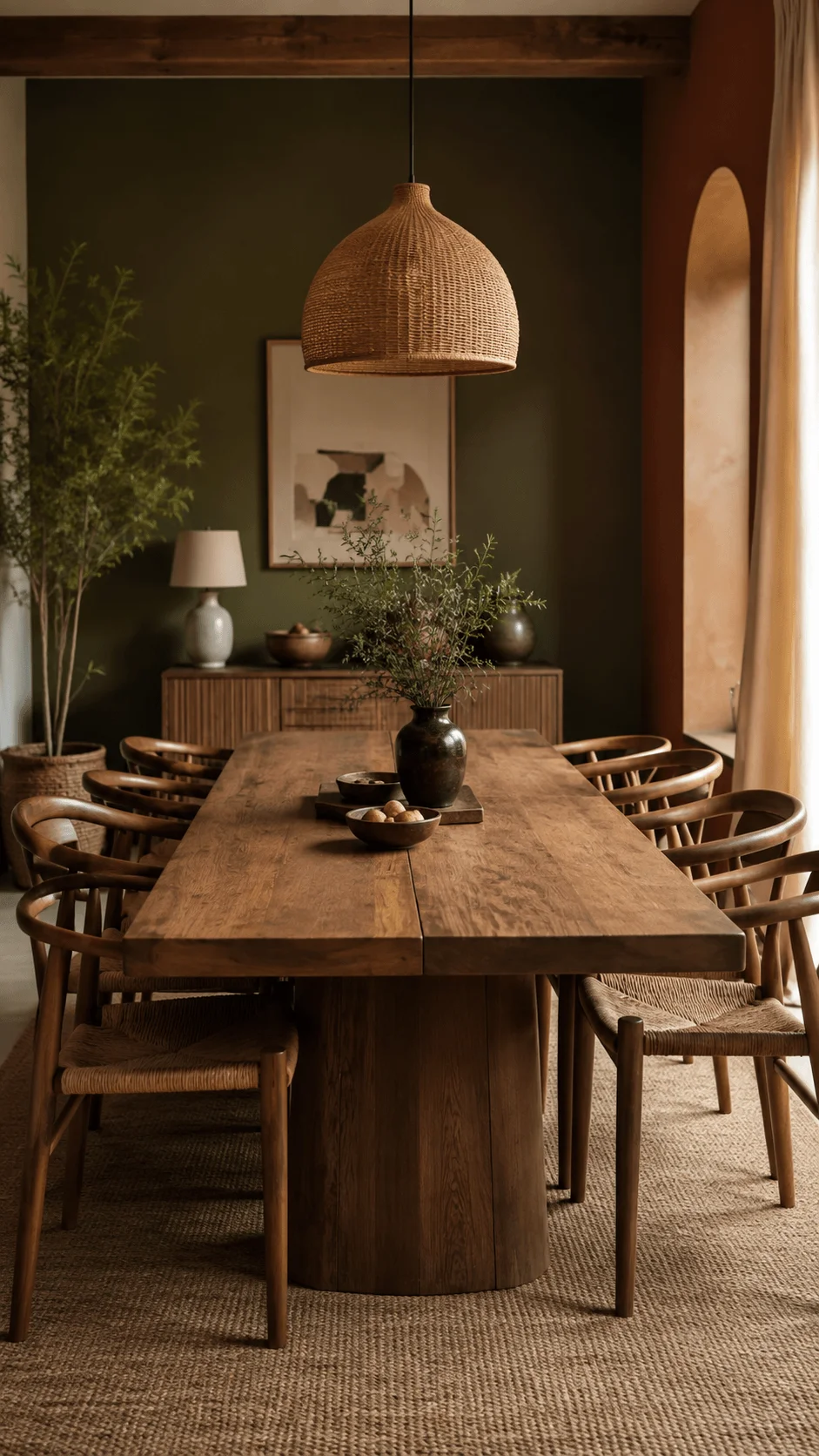 Moody earthy dining room with dark green walls natural wood table woven chairs rattan pendant light and warm neutral decor