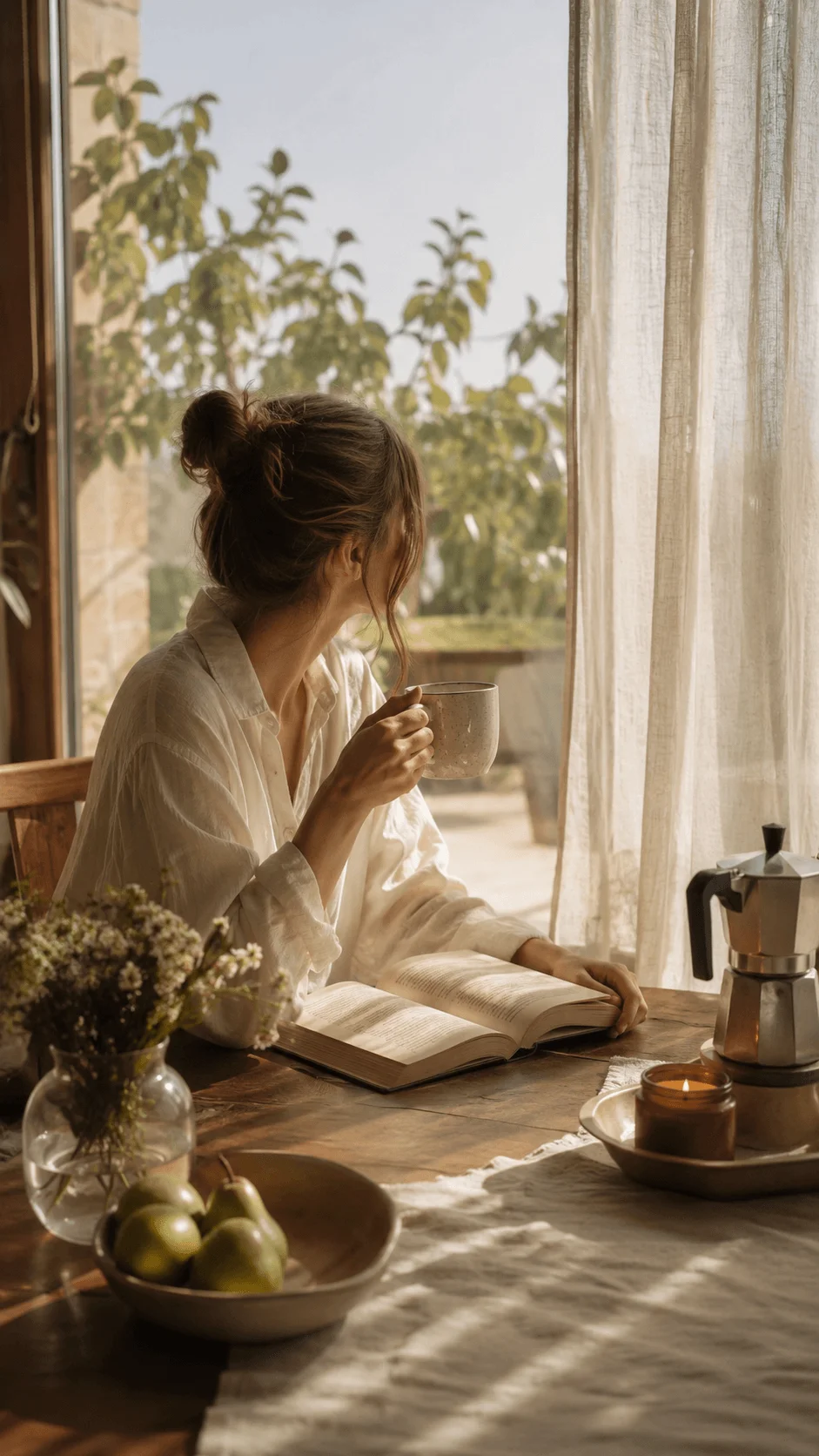 Morning light lifestyle scene with person reading by a window coffee mug open book flowers and warm natural sunlight in a cozy sustainable home setting
