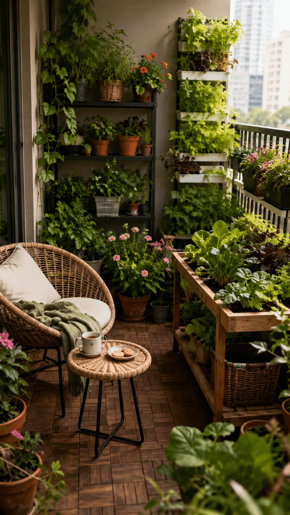 Multi purpose eco friendly balcony garden with leafy vegetables herbs flowers vertical planters wooden raised beds and a cozy wicker seating area