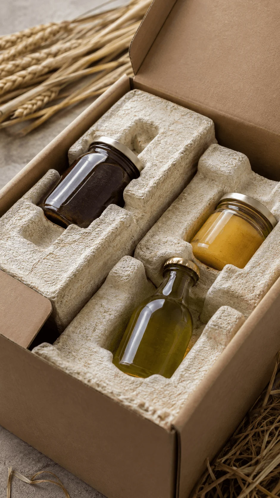 Mushroom and mycelium based biodegradable packaging protecting glass food containers inside a recyclable cardboard box