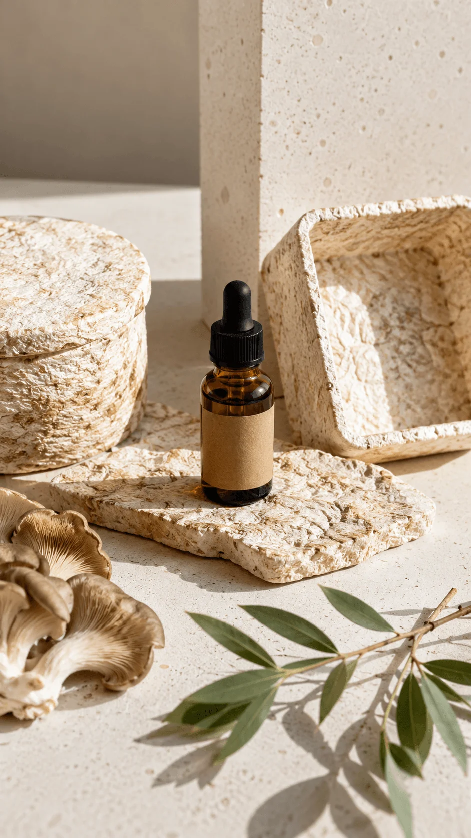 Mycelium and bio based materials with mushroom textures organic packaging forms skincare bottle green leaves and natural surfaces arranged in a sustainable photography setting