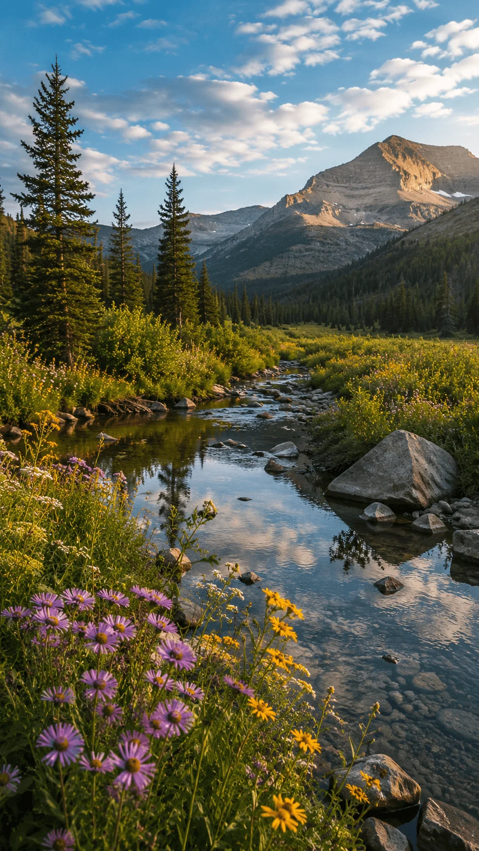 Native mountain ecosystem with colorful wildflowers a clear flowing stream evergreen trees and rocky peaks in warm sunlight
