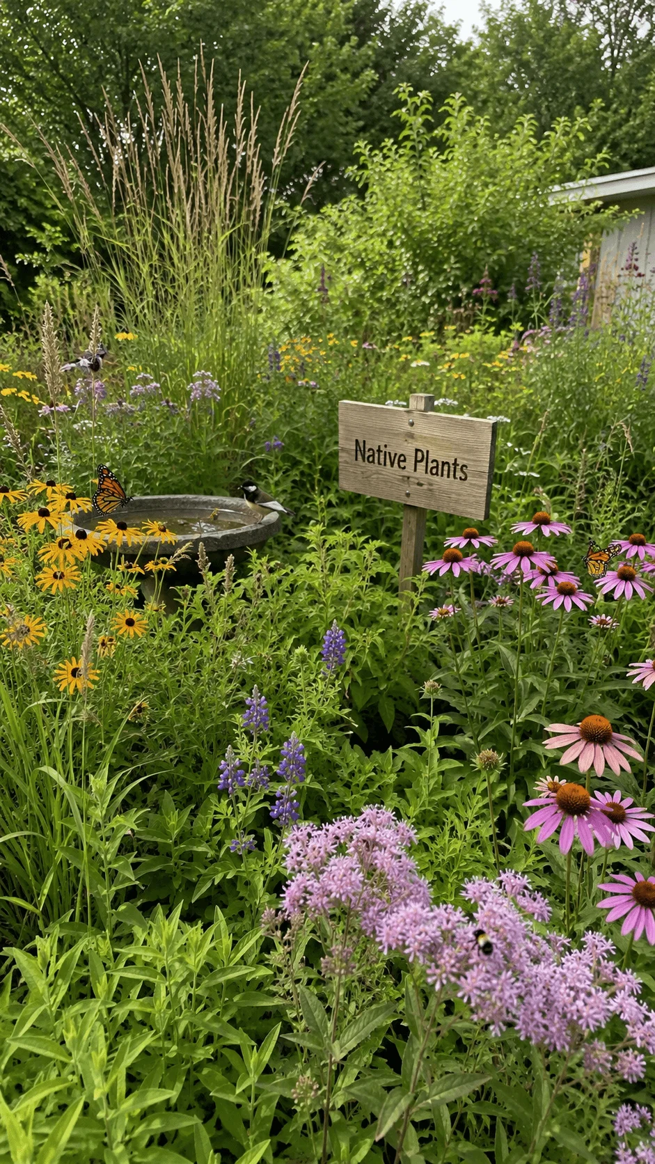 Native plant eco garden filled with colorful wildflowers tall grasses butterflies bees and a bird beside a small birdbath