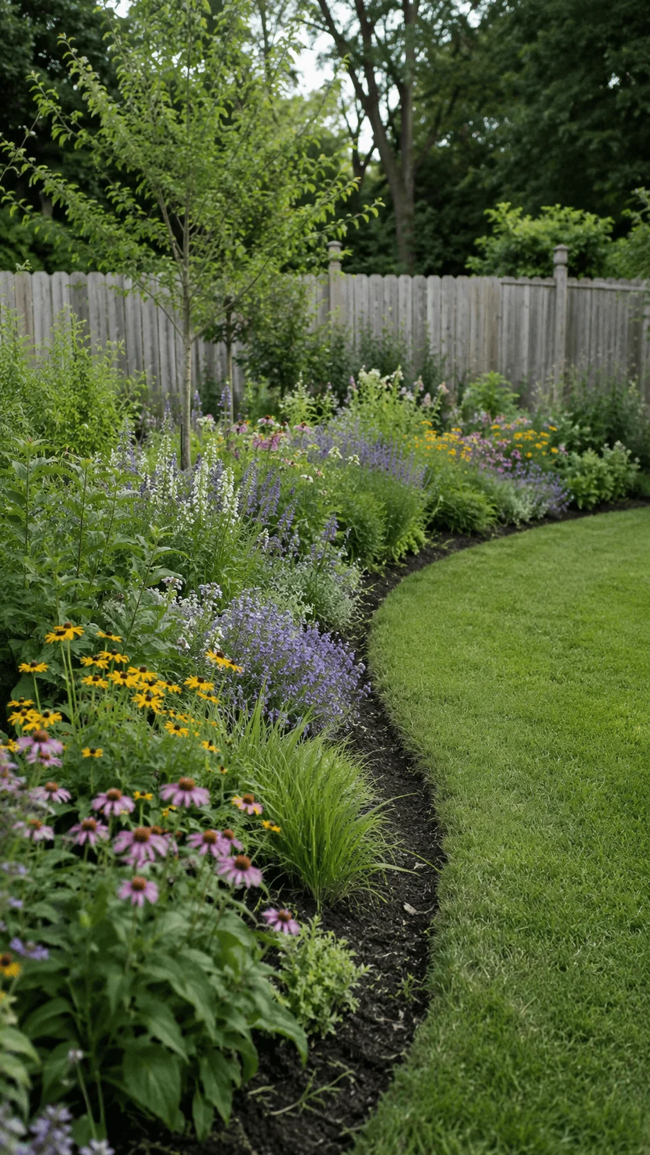 Native plant garden border with colorful wildflowers lush greenery and a curved lawn edge in a natural backyard landscape