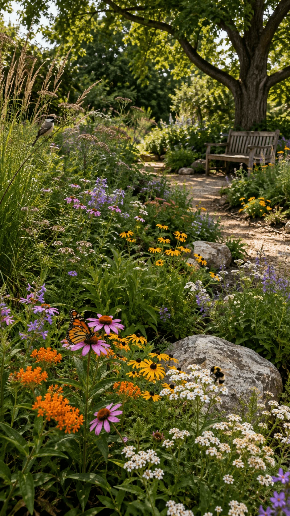 Native plant garden with colorful wildflowers, butterflies, bees, ornamental grasses, natural rocks, winding path and wooden bench under a mature tree