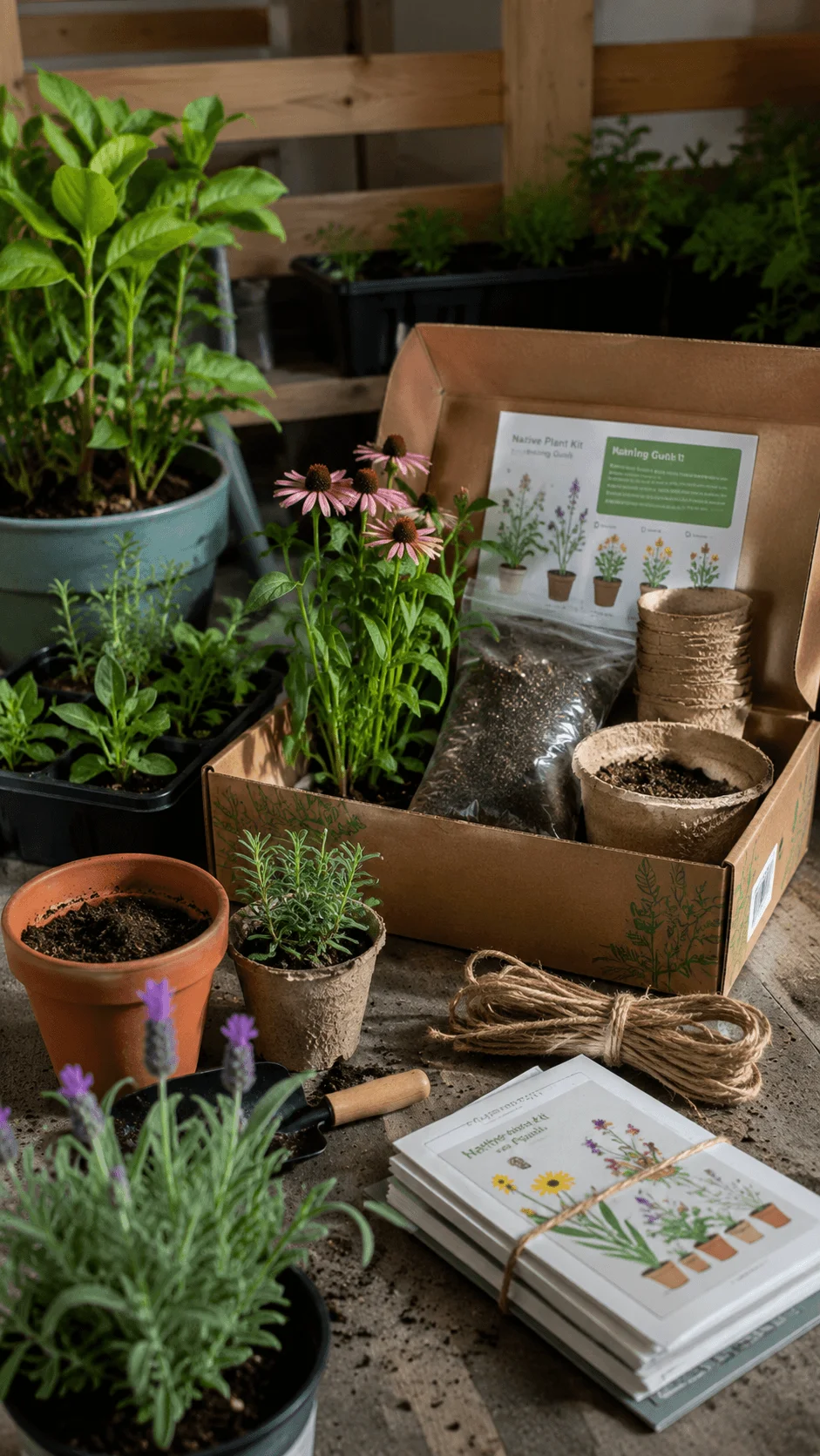 Native plant and mini garden kits with flowers herbs soil biodegradable pots and planting guides for sustainable gardening