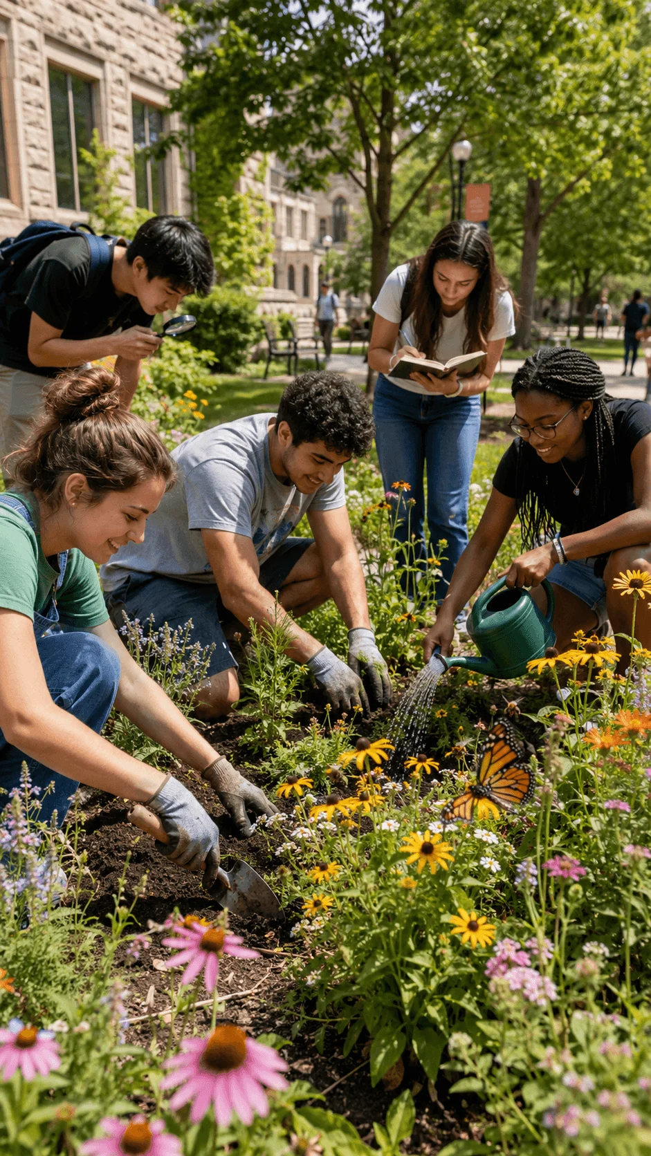 College students creating a native pollinator garden on campus by planting flowers watering plants and observing butterflies