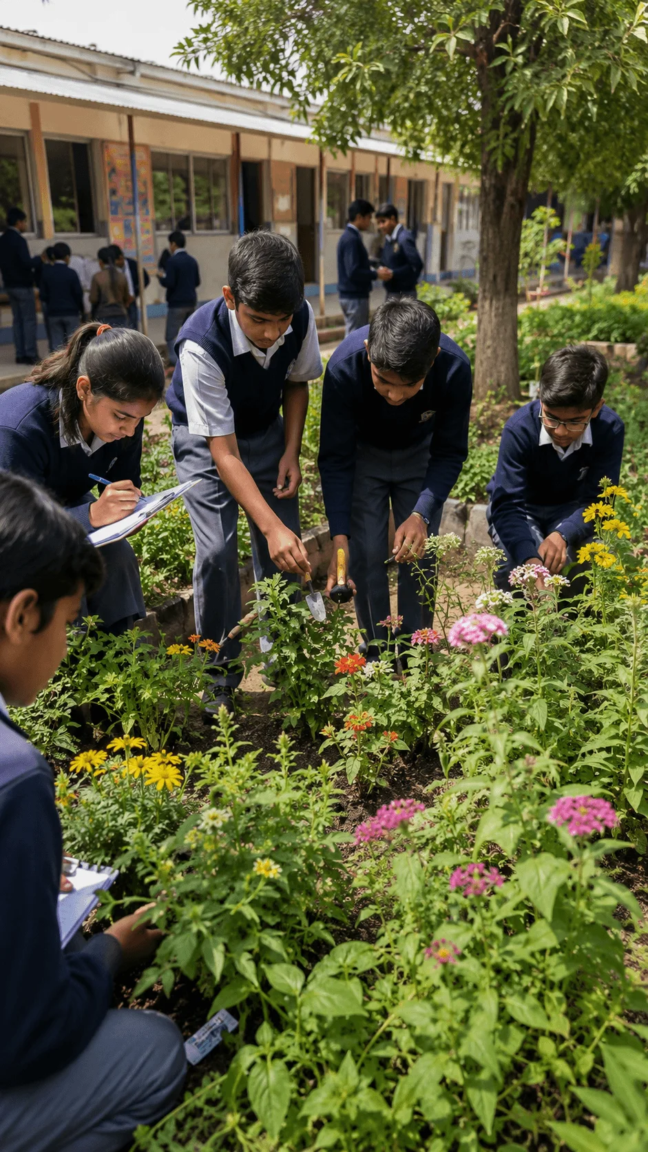 Students planting and observing colorful flowers in a school pollinator garden to support local biodiversity