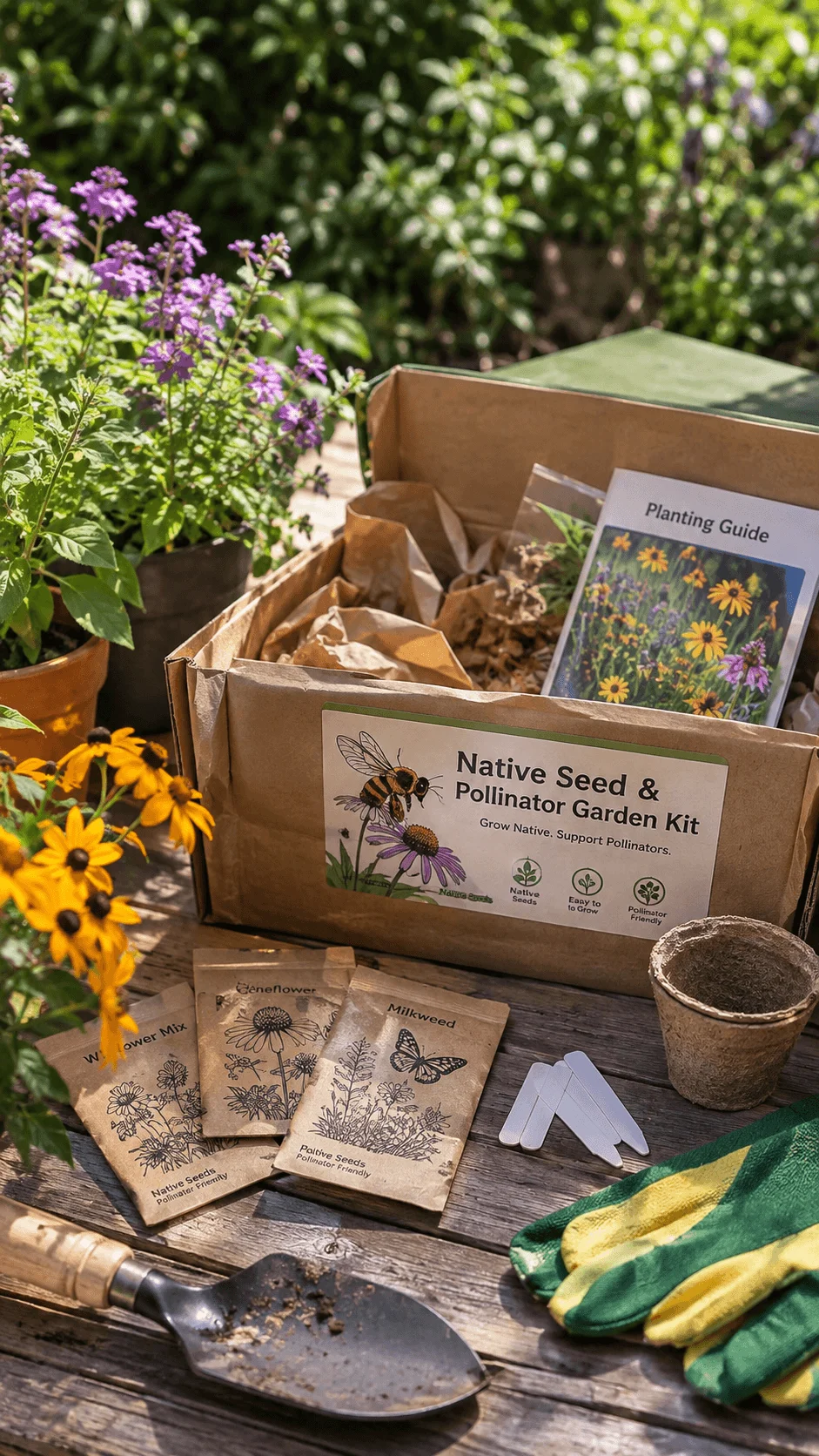 Native seed and pollinator garden kit with wildflower seeds planting guide biodegradable pots and gardening tools