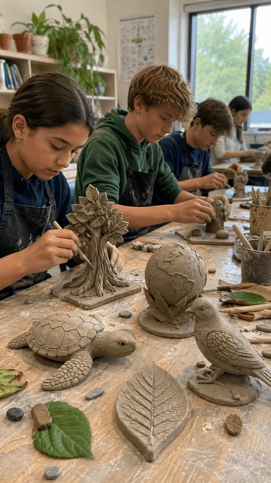 Students creating natural clay eco sculptures of trees wildlife leaves and Earth during a classroom art activity