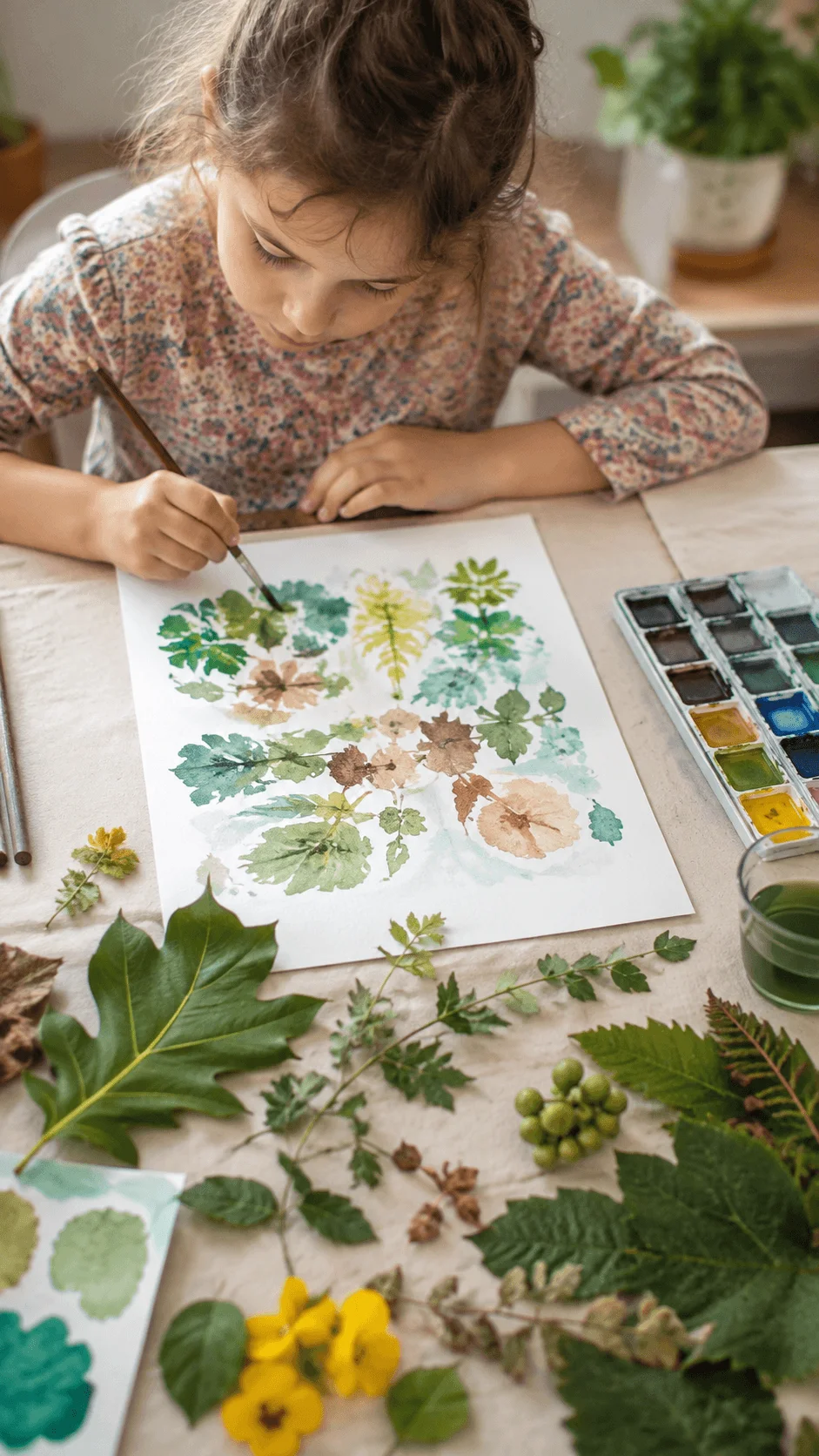 Natural color exploration art for kids with a child painting botanical artwork inspired by leaves flowers and natural colors