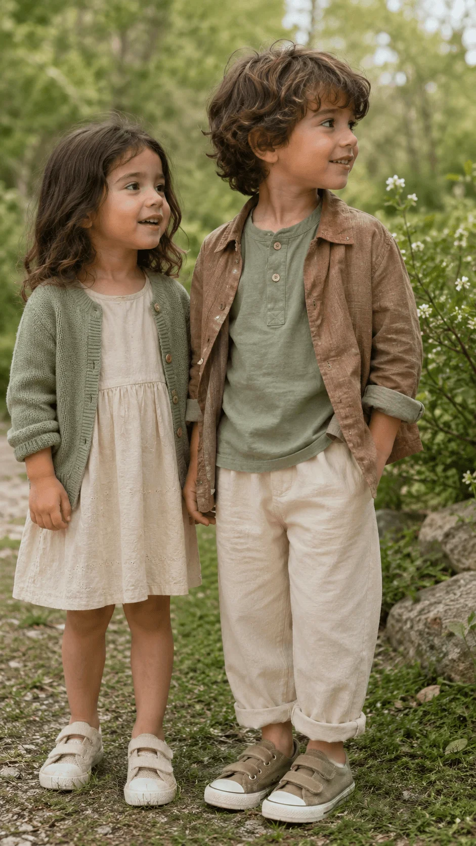 Two children wearing nature inspired outfits in earthy green and cream tones standing outdoors in a wooded setting
