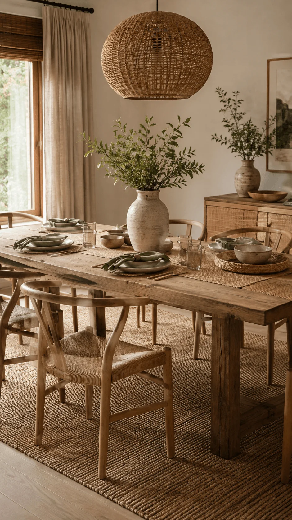 Natural fiber dining room with reclaimed wood table woven chairs jute rug rattan pendant light linen curtains and ceramic decor
