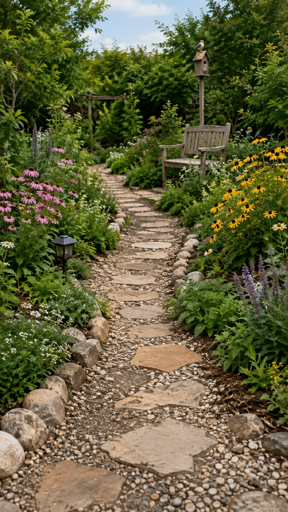Natural garden path with stepping stones gravel colorful flowers lush greenery a wooden bench birdhouse and garden light