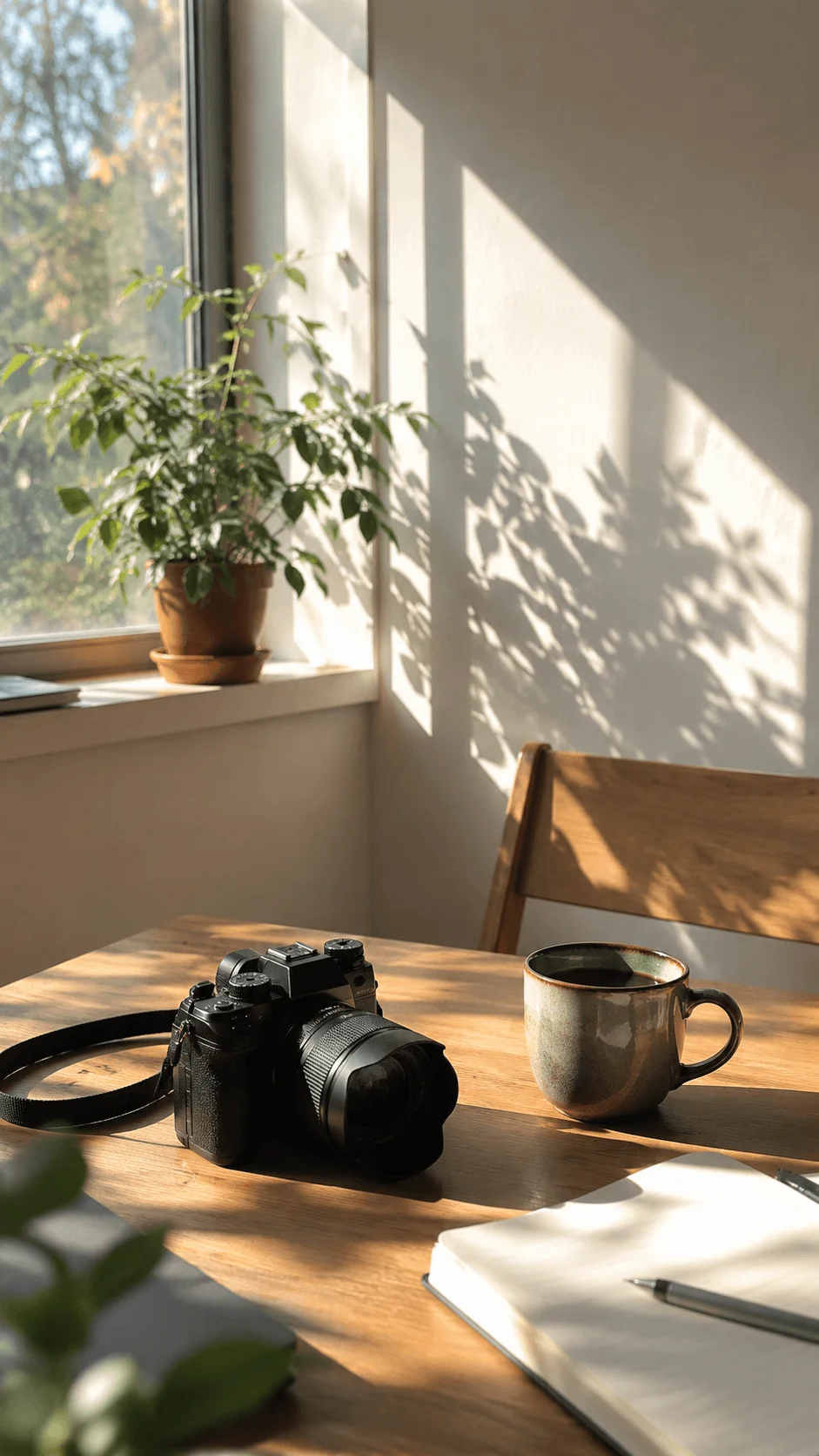 Camera on a wooden table beside a coffee cup and notebook with natural sunlight streaming through a window and illuminating a potted plant