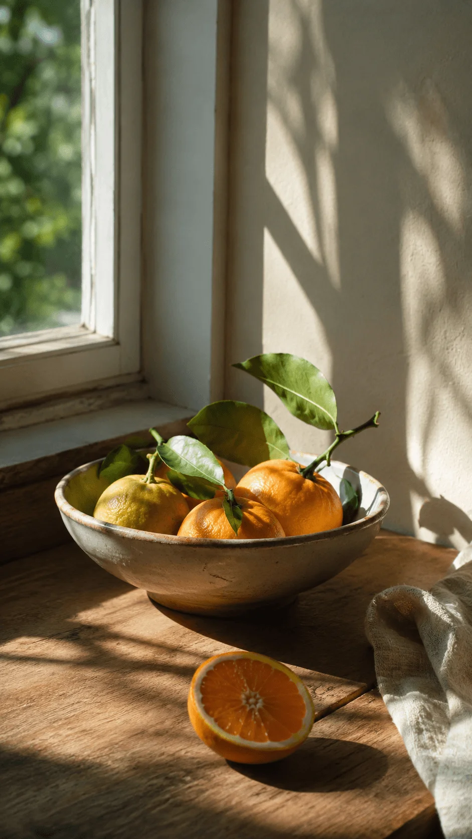 Natural light eco photography featuring fresh oranges in a ceramic bowl on a rustic wooden table beside a sunlit window