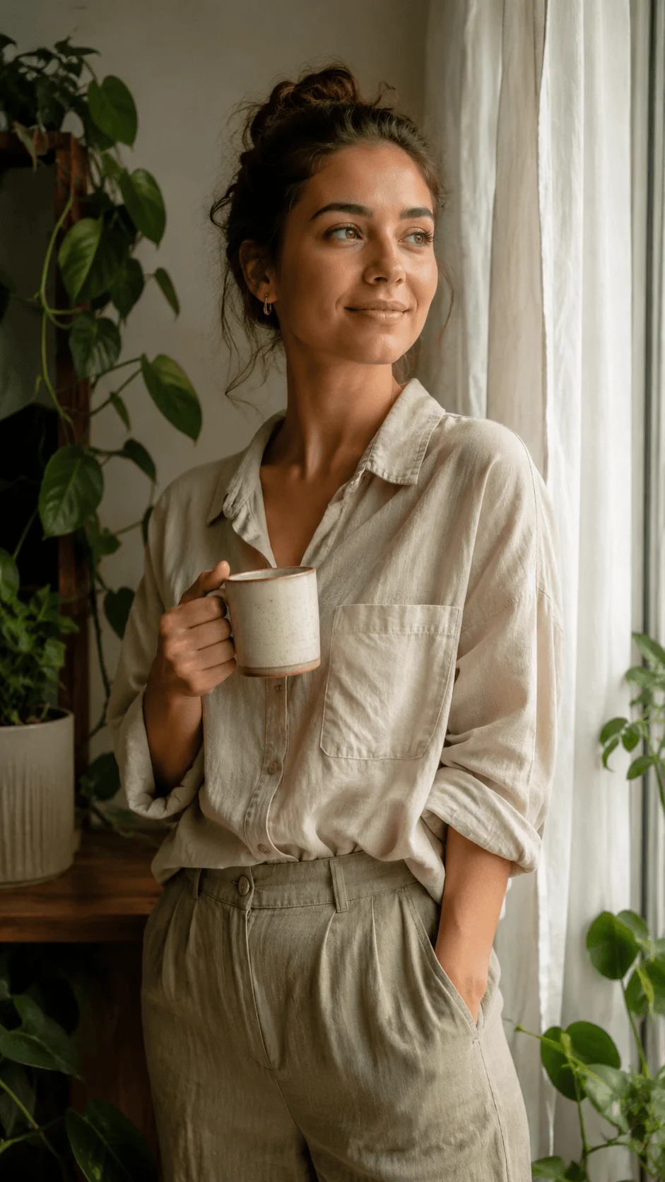 Natural Light Eco Portraits featuring a woman holding a ceramic mug beside a window with soft natural light and lush indoor plants surrounding her