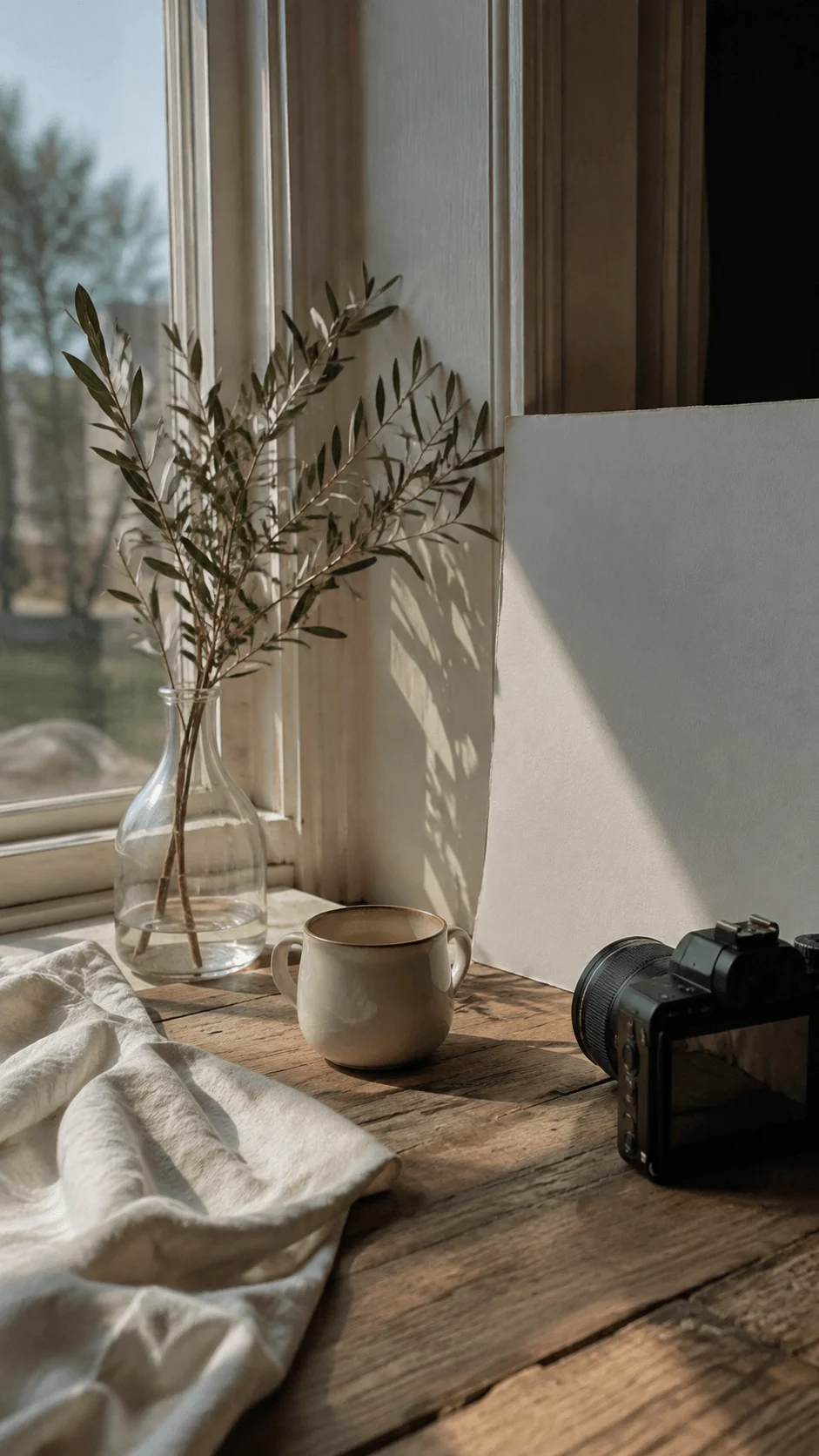 Natural light minimalist photography setup with a camera, ceramic cup, glass vase of olive branches, white fabric, and rustic wooden table by a sunlit window