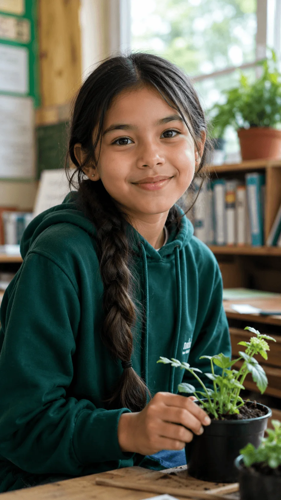 Student portrait captured with natural light in a classroom featuring a young gardener holding a potted plant