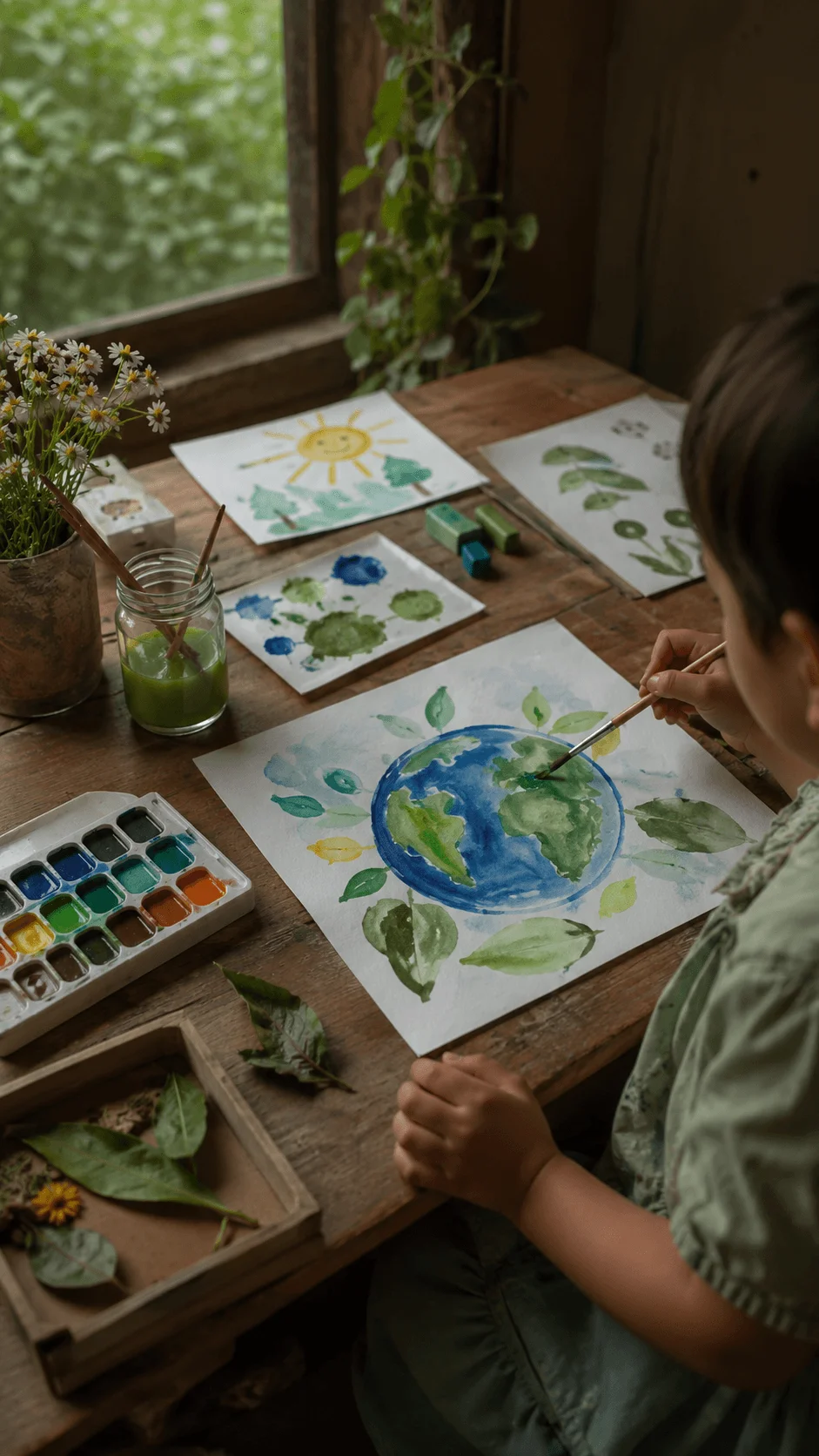 Natural light photography for kids art with a child painting an Earth themed artwork surrounded by leaves and nature inspired paintings