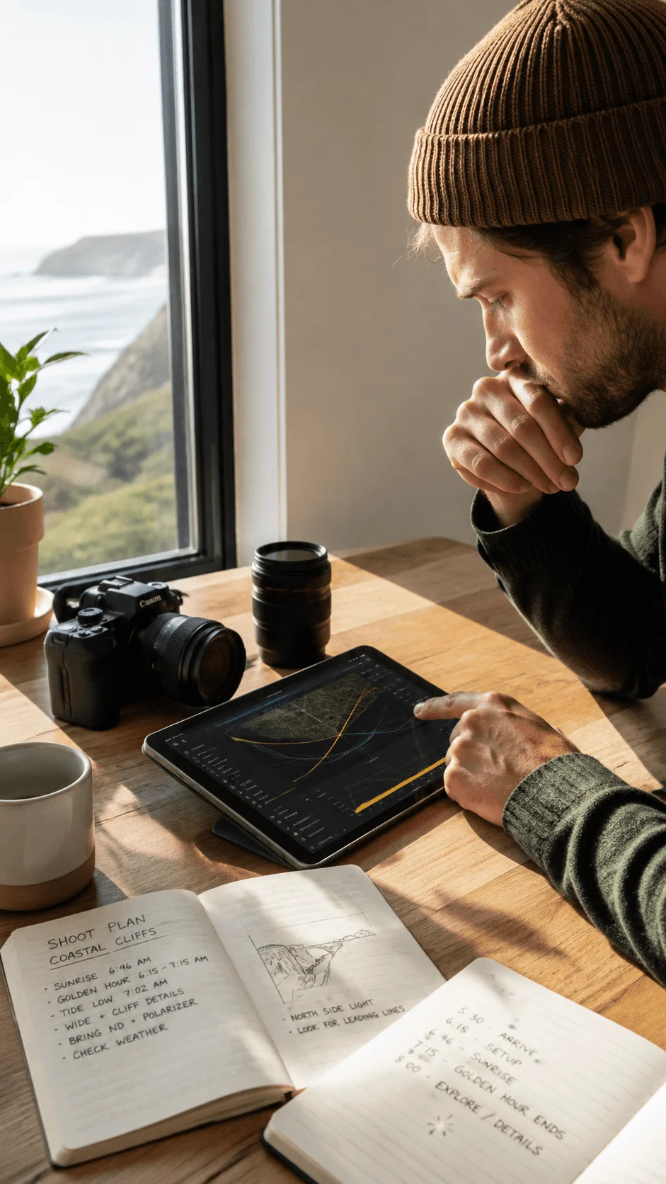Photographer planning a coastal landscape shoot with camera, tablet editing tools, notebook, and natural light workspace by a window overlooking the ocean