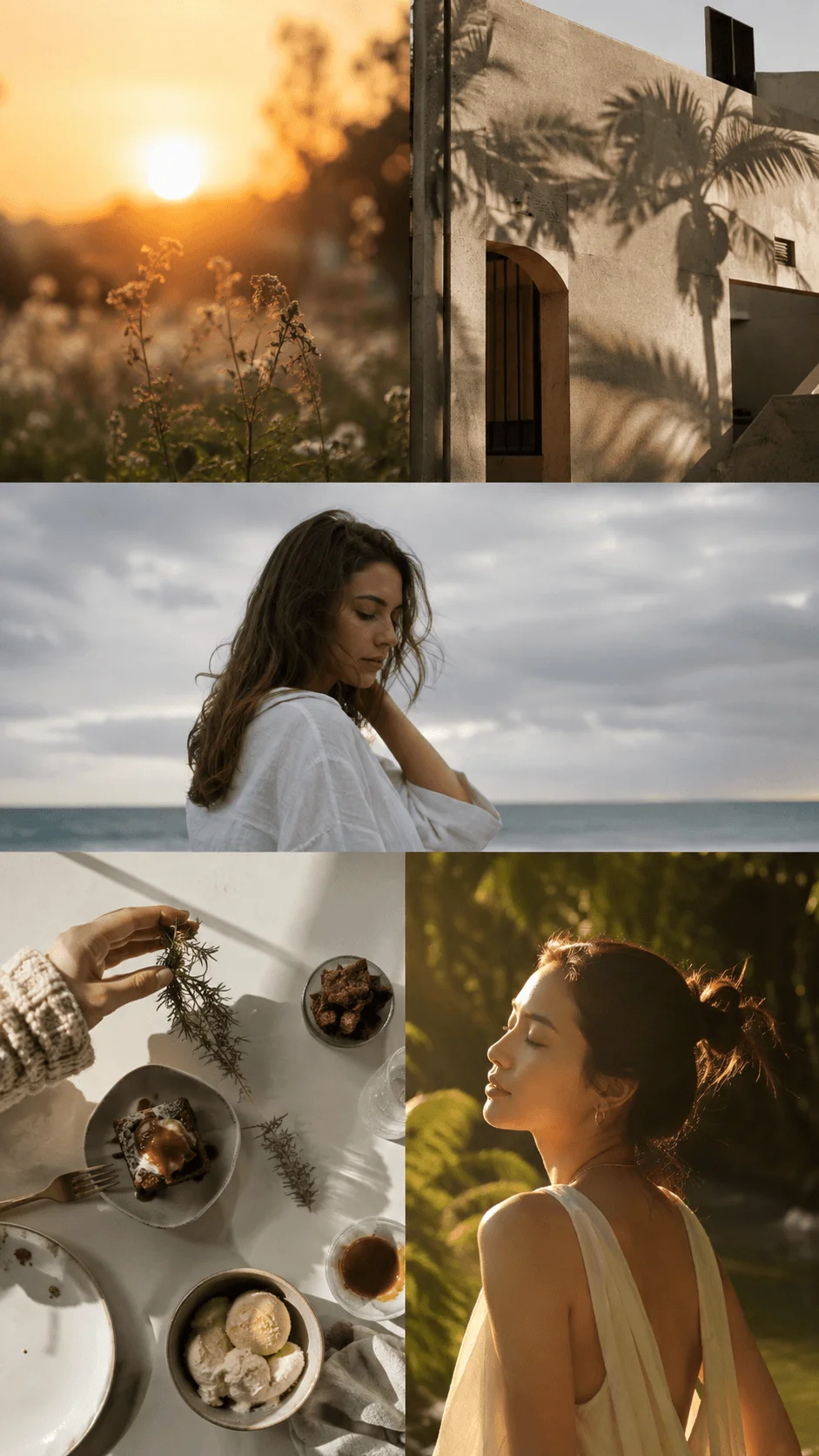 Natural light sources for aesthetic photography including golden hour sunlight, soft overcast beach light, bright window light, and warm backlighting in nature