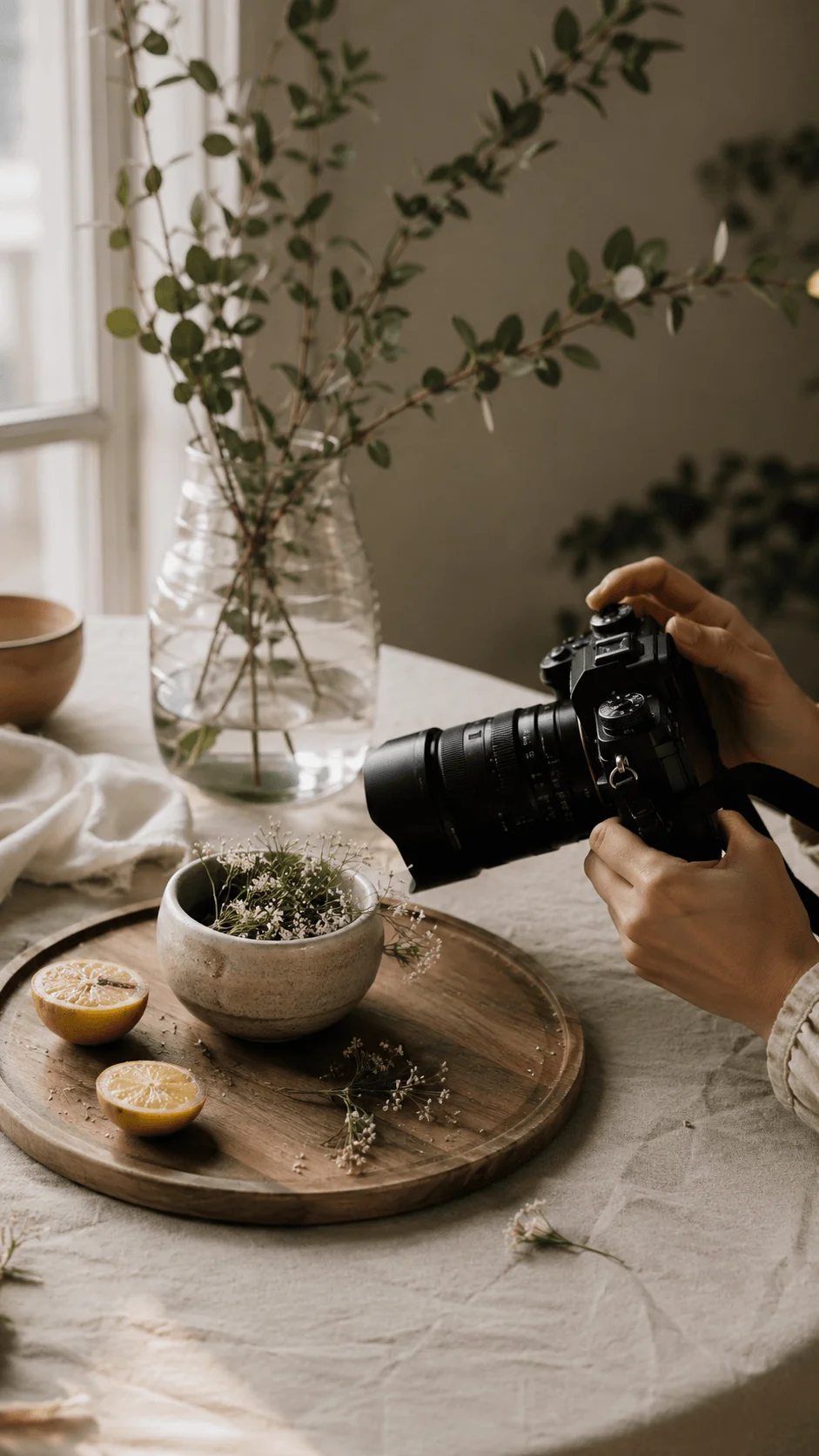 Natural light sustainable photography setup with photographer capturing flowers, lemons, greenery, and ceramic decor beside a softly lit window.