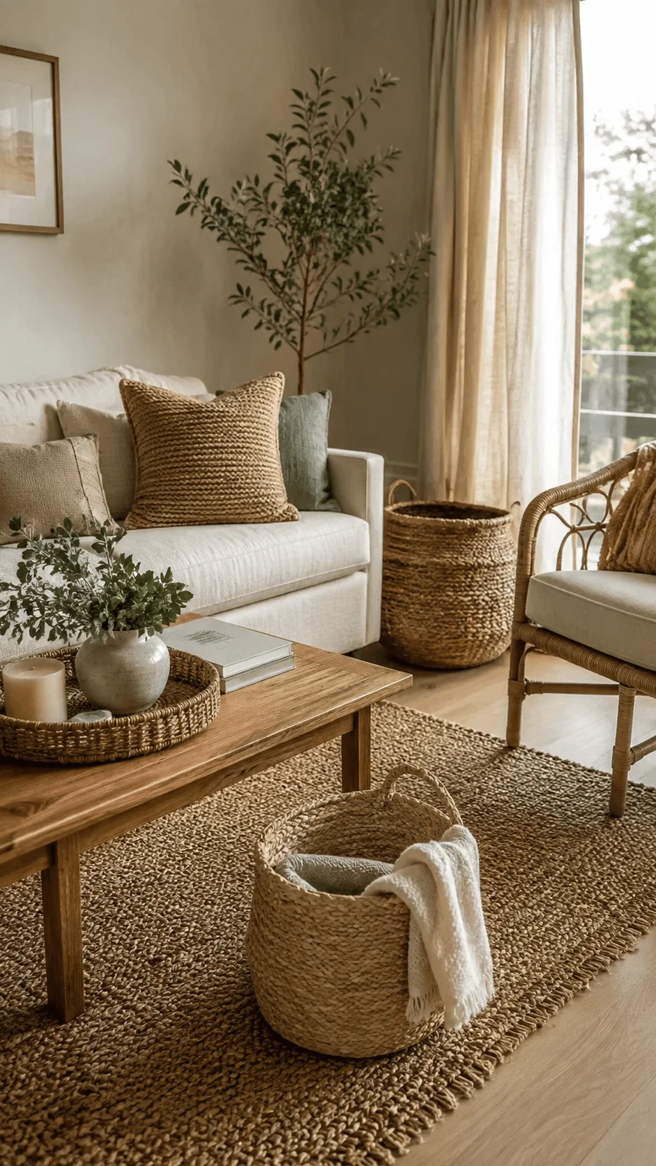 Natural material home decor with warm textures, featuring woven baskets, a jute rug, wooden furniture, rattan seating, linen cushions, indoor greenery and soft natural light