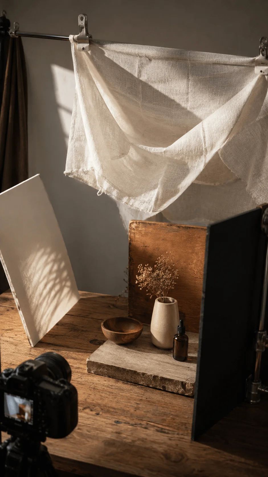 Natural material photography lighting setup with a linen fabric diffuser, white reflector, wooden backdrop, ceramic vase, small amber bottle, camera, and black flag on a rustic table with warm sunlight