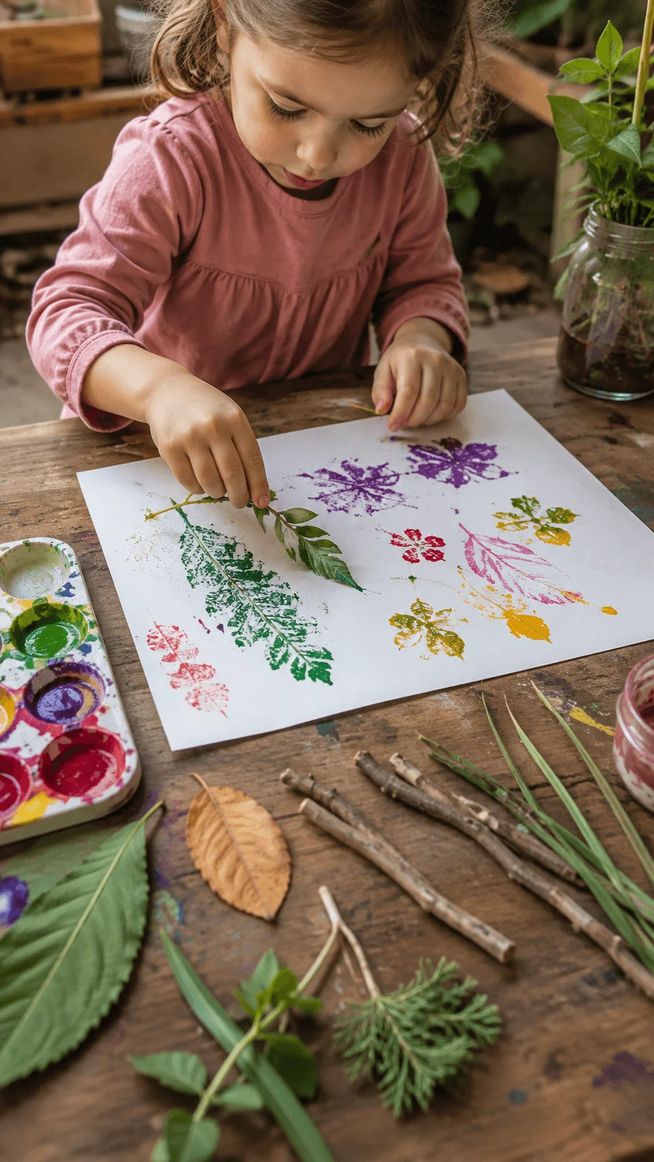 Child creating nature inspired art using leaves branches and natural paintbrushes on paper