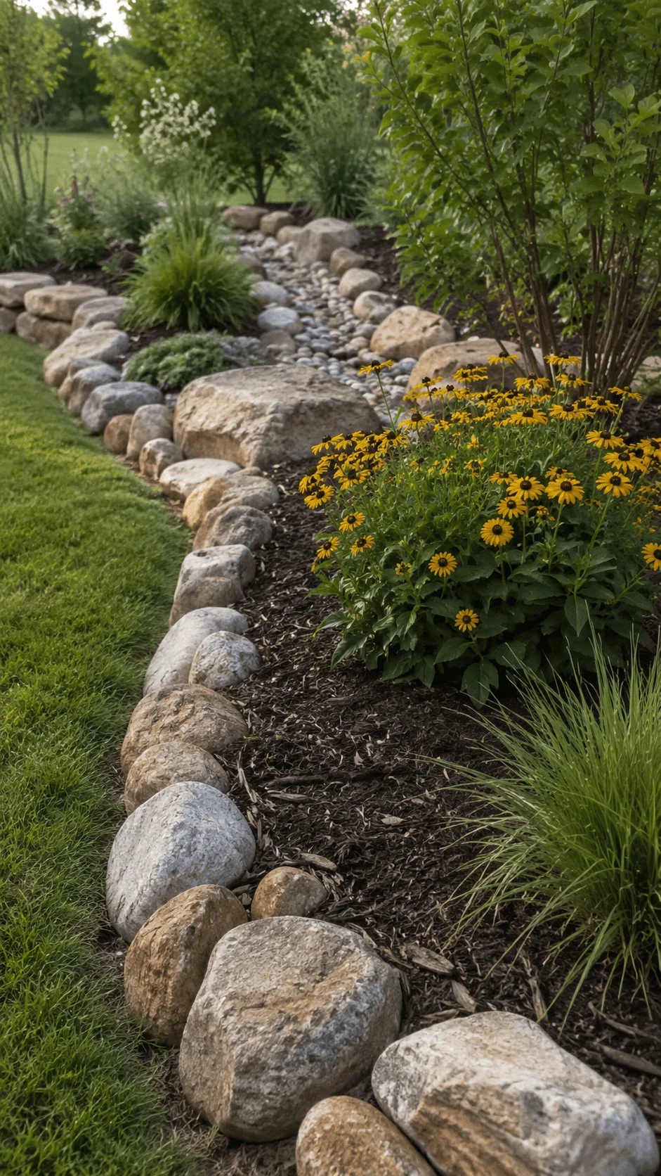 Natural stone and river rock garden border with yellow flowers ornamental grasses shrubs and a lush green lawn