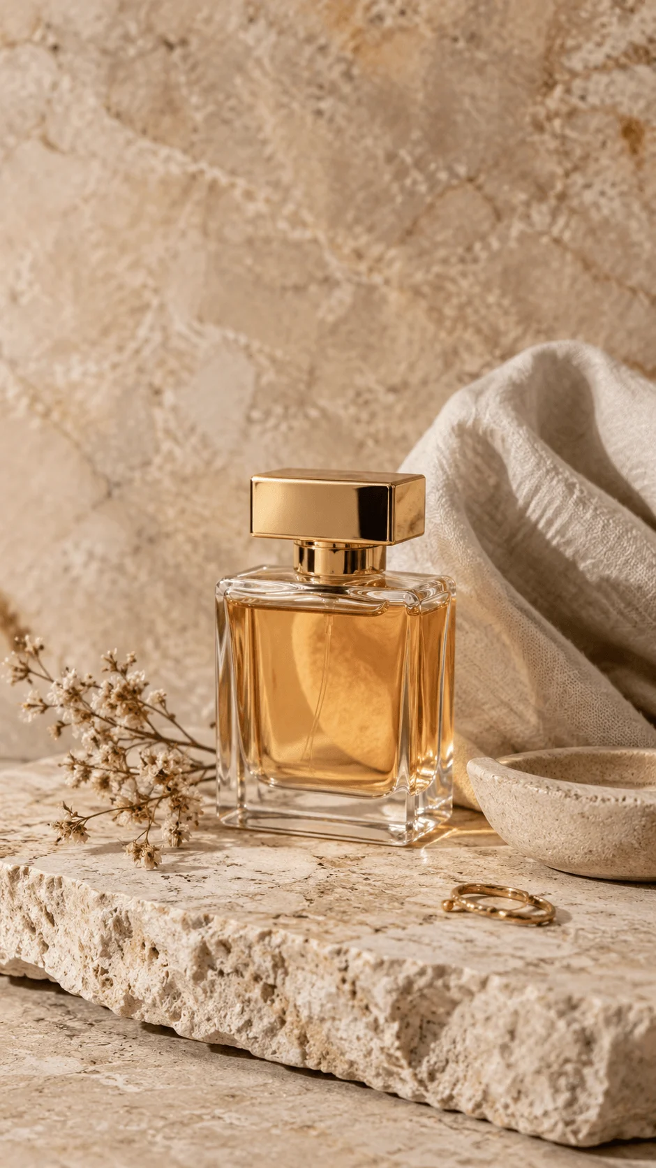 Natural stone and travertine photography board with a glass perfume bottle, dried flowers, ceramic bowl, linen fabric, and gold jewelry in warm neutral tones