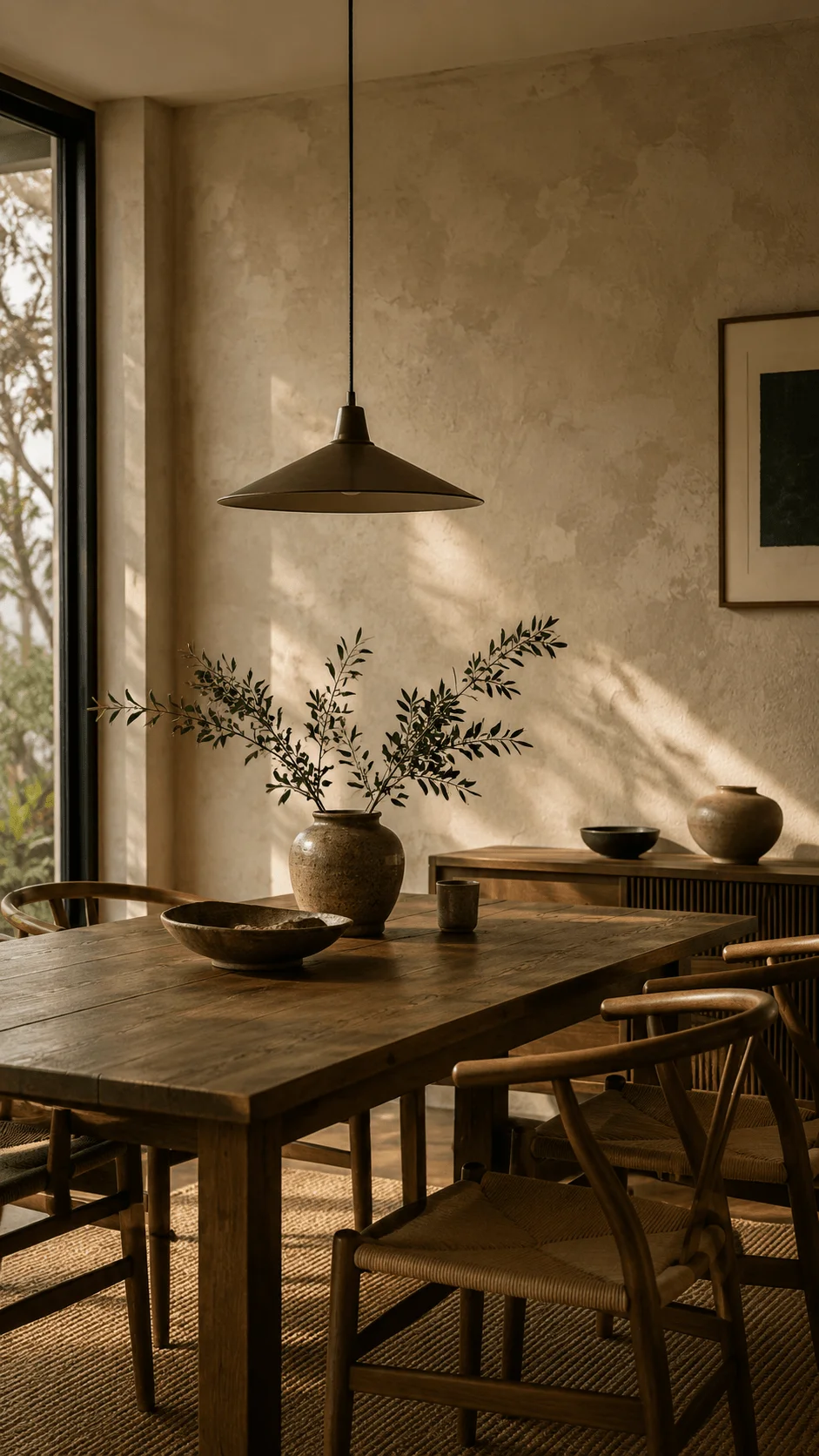 Eco friendly dining area with natural textured walls reclaimed wood table woven chairs ceramic decor and warm sunlight