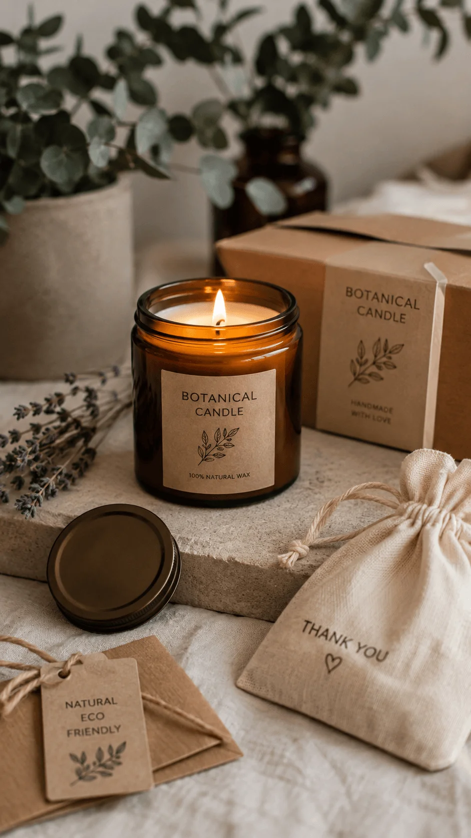Natural wax and low waste candle business with botanical candle reusable glass jar recyclable packaging and fabric gift bag
