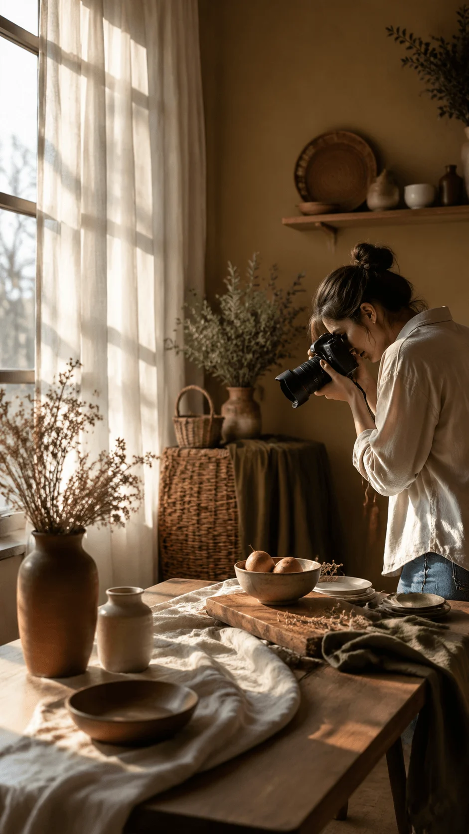 Photographer capturing natural window light scene with earth tone styling wooden table ceramic pottery dried plants and warm sunlight indoors